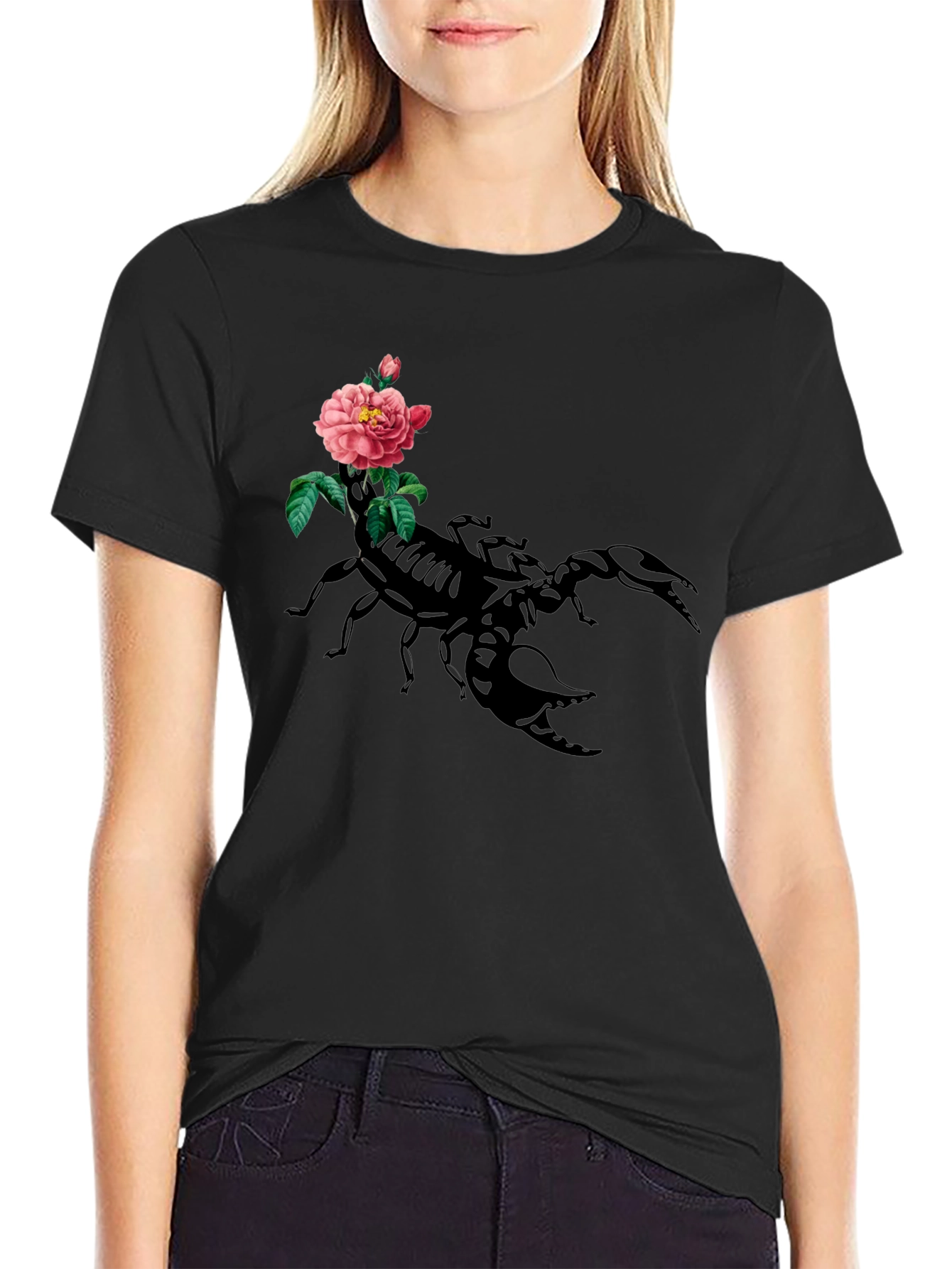 Black Scorpion & Rose Graphic Tee - Men's Black Cotton T-Shirt view 2