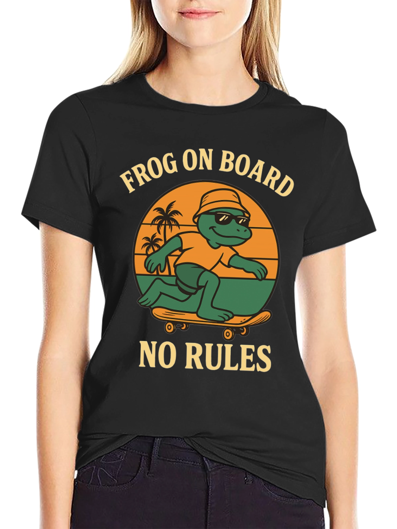 Black Frog On Board Graphic T-Shirt - Skateboarding Frog view 2