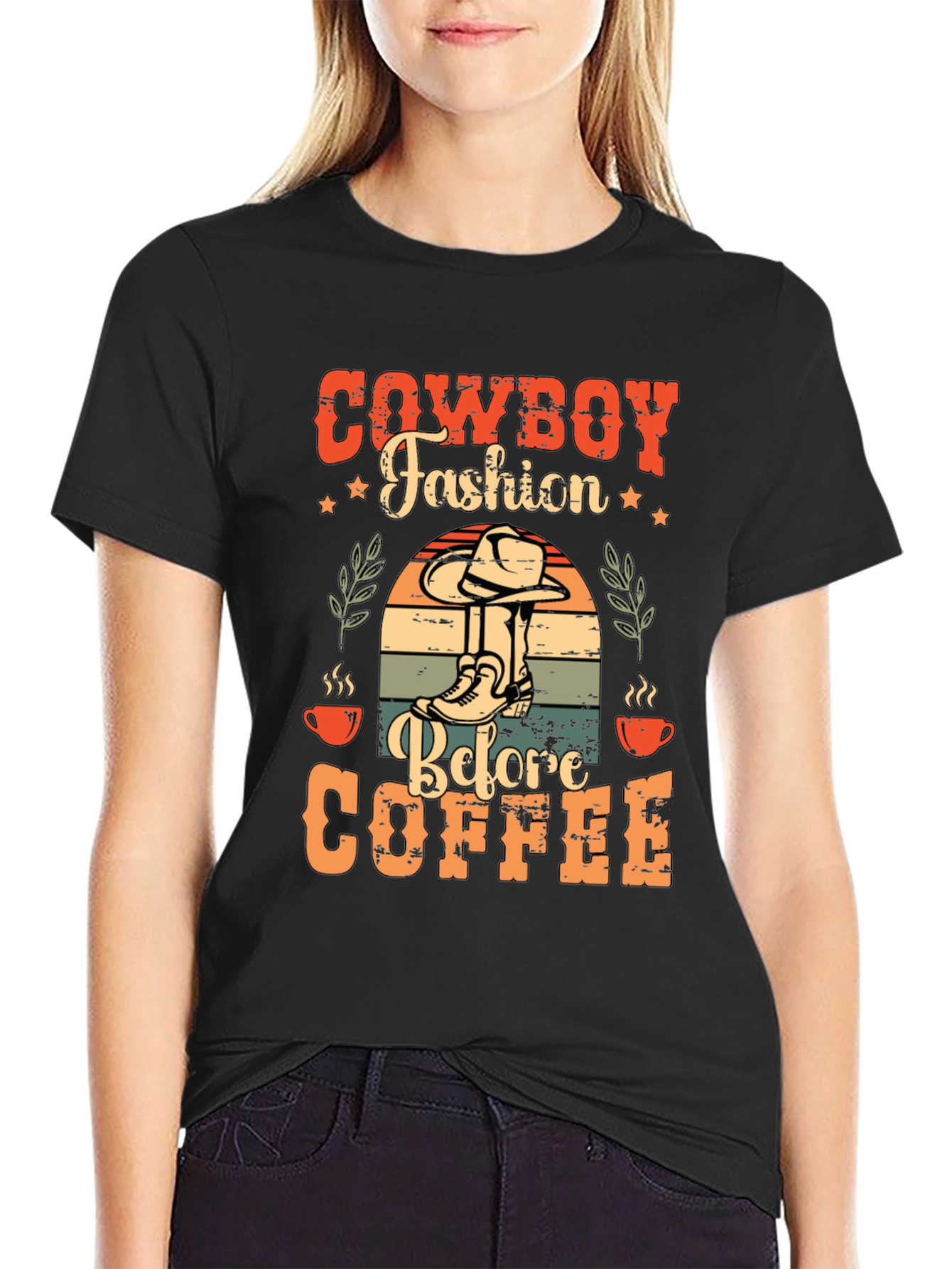 Black Cowboy Fashion Before Coffee Graphic T-Shirt view 2