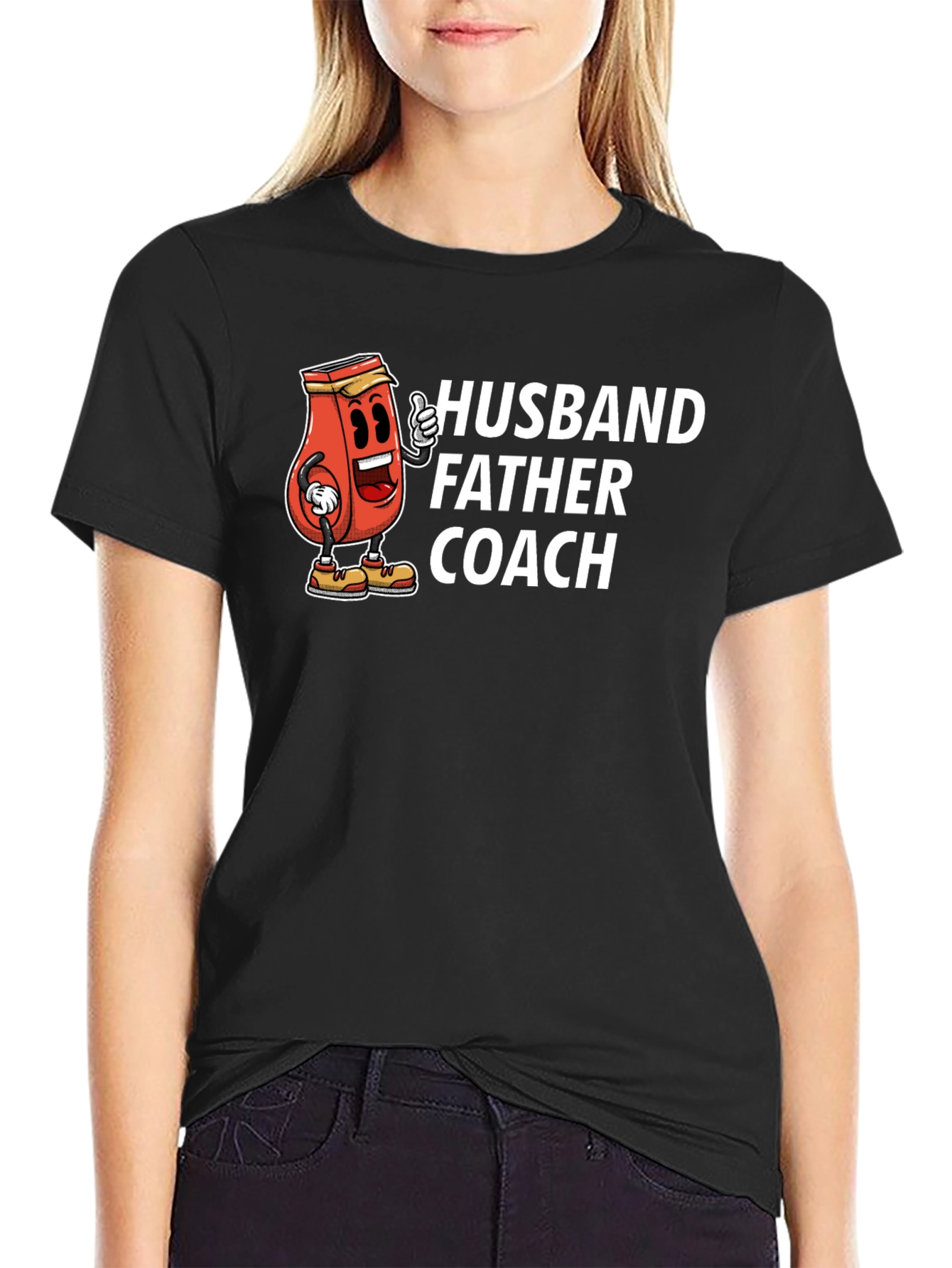 Black Husband Father Coach T-Shirt Funny Ketchup Cartoon Dad Tee view 2