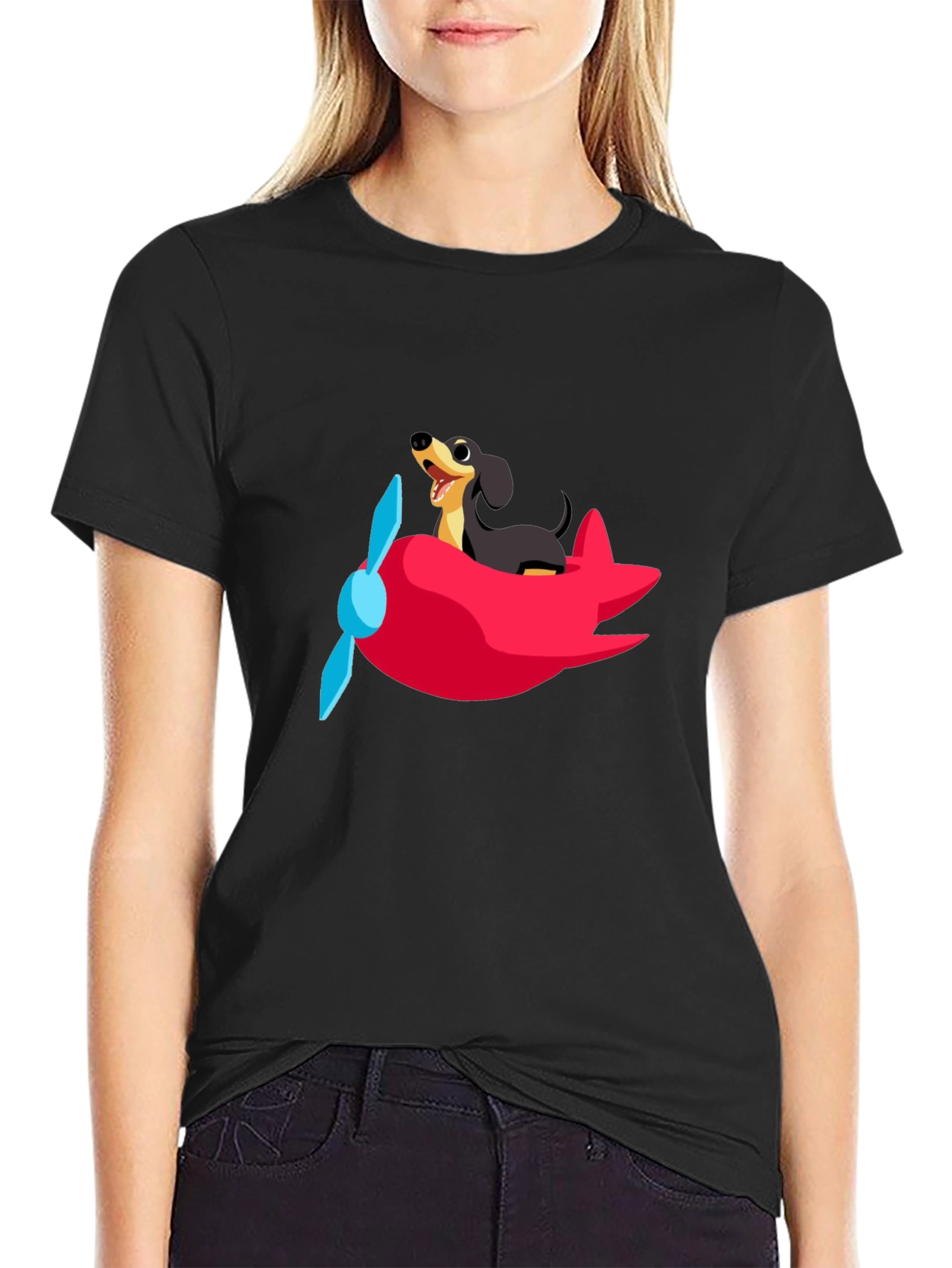 Black Dog Pilot T-Shirt - Cute Dachshund Flying Plane Tee view 2