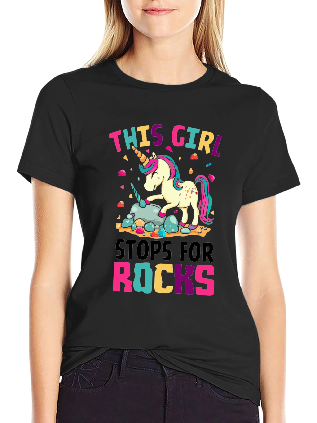 Black Unicorn Rocks T-Shirt: This Girl Stops for Rocks view 2