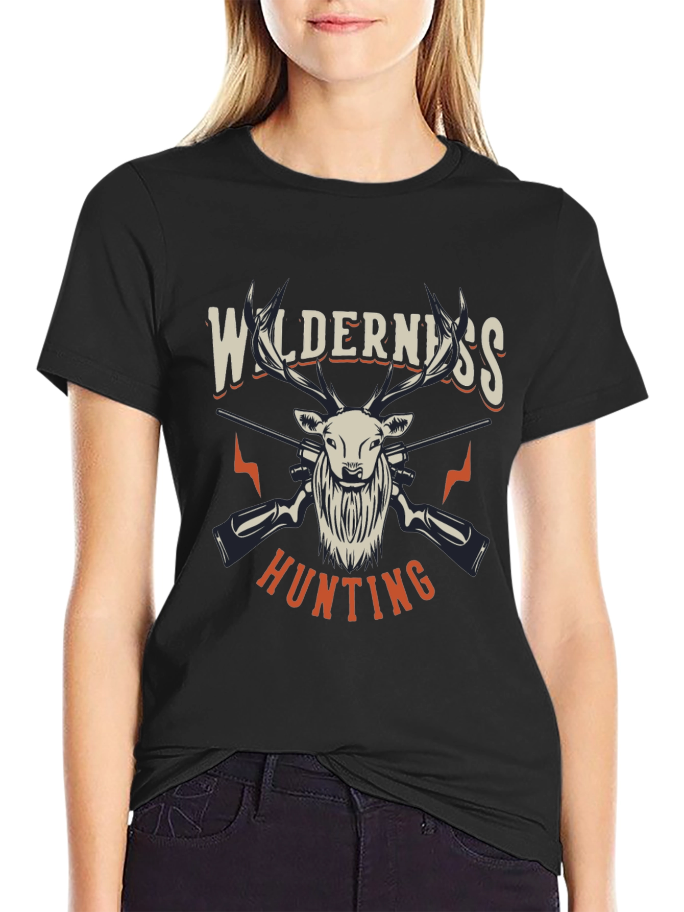 Black Wilderness Hunting Graphic Tee - Black Cotton Blend Shirt view 2