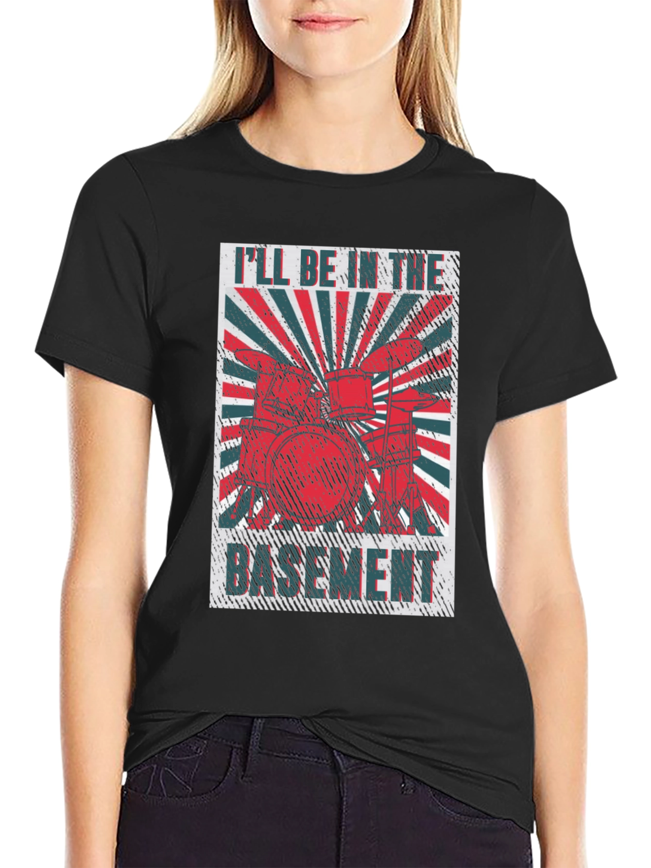 Black I'll Be in the Basement Drum Set T-Shirt view 2