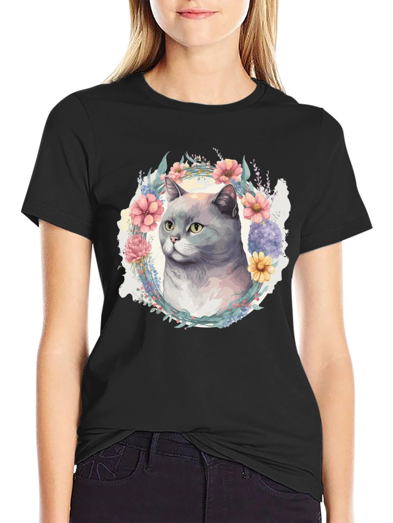 Black Floral Cat T-Shirt - Soft Cotton Blend view 2