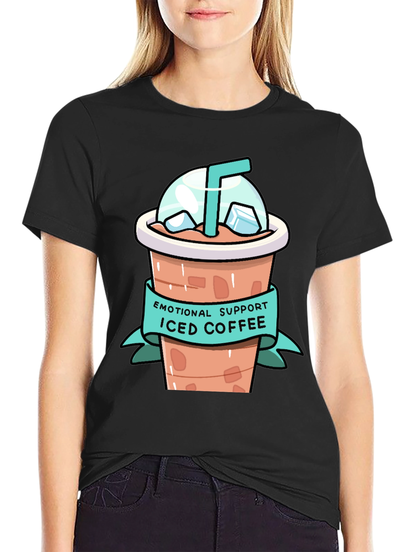 Black Emotional Support Iced Coffee Graphic T-Shirt view 2
