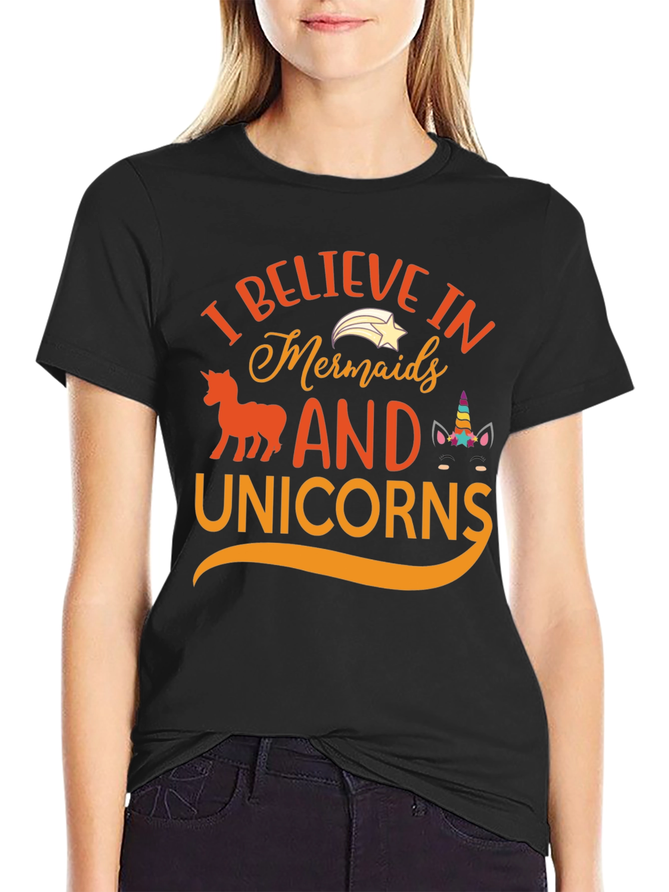 Black Believe in Mermaids and Unicorns T-shirt view 2