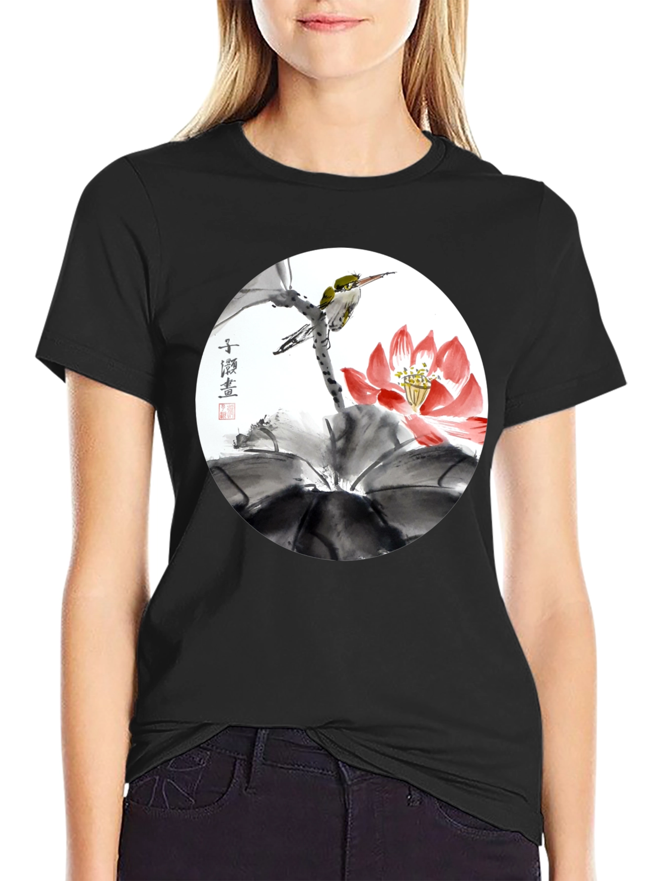 Black Artistic Bird & Lotus T-Shirt view 2