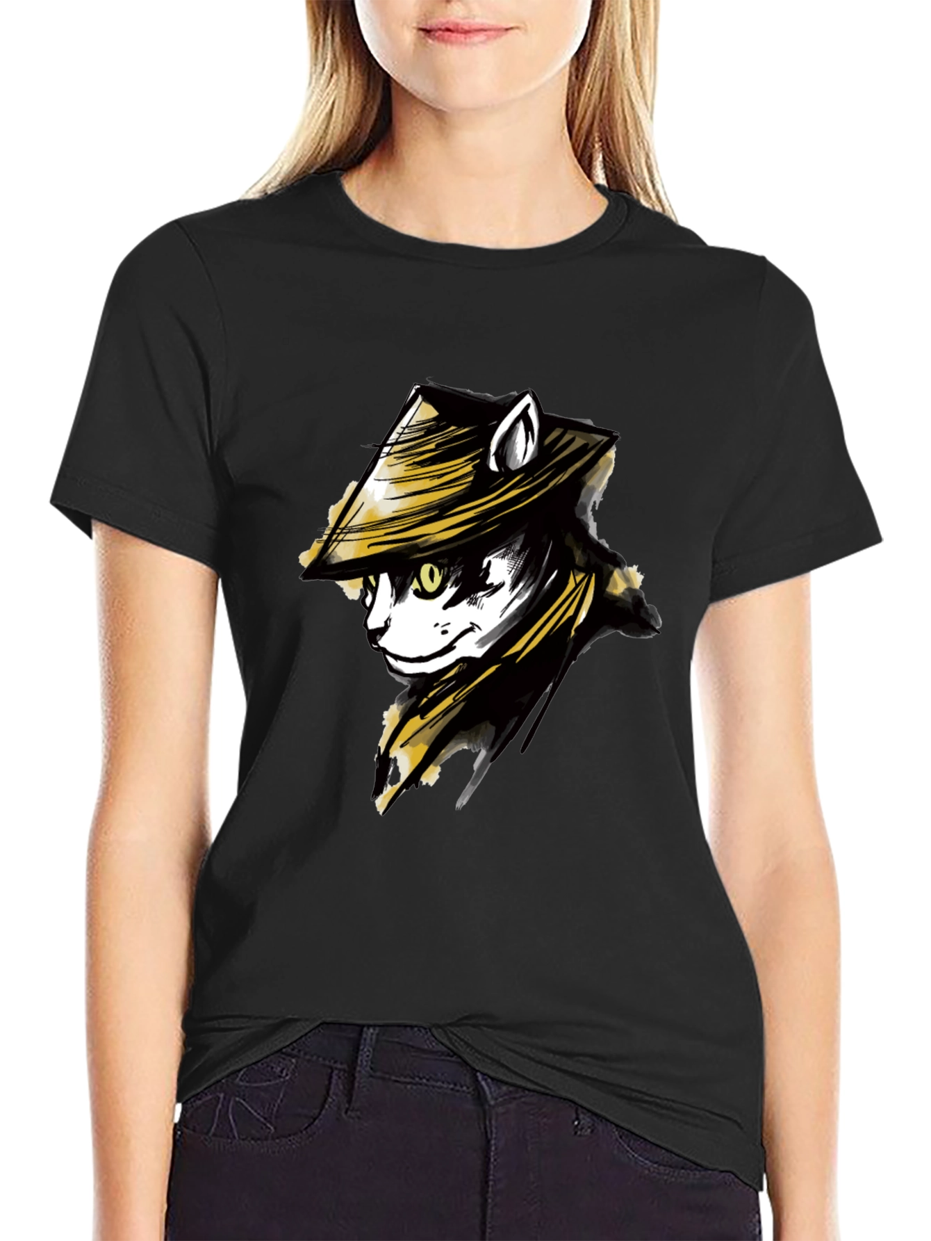 Black Black T-Shirt with Cat Samurai Graphic view 2