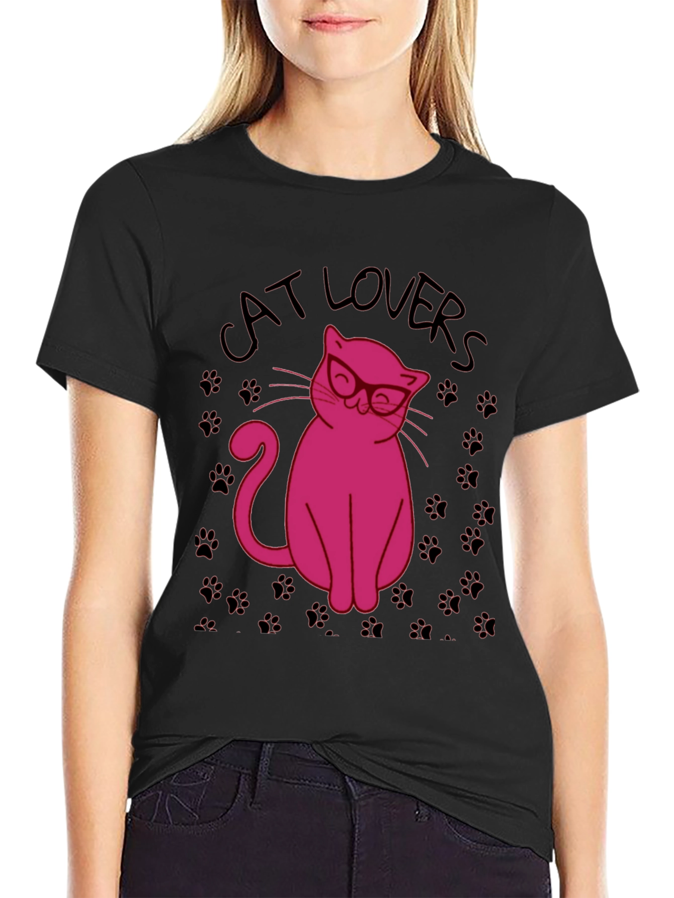 Black Cat Lovers T-Shirt - Pink Cat with Glasses Design view 2