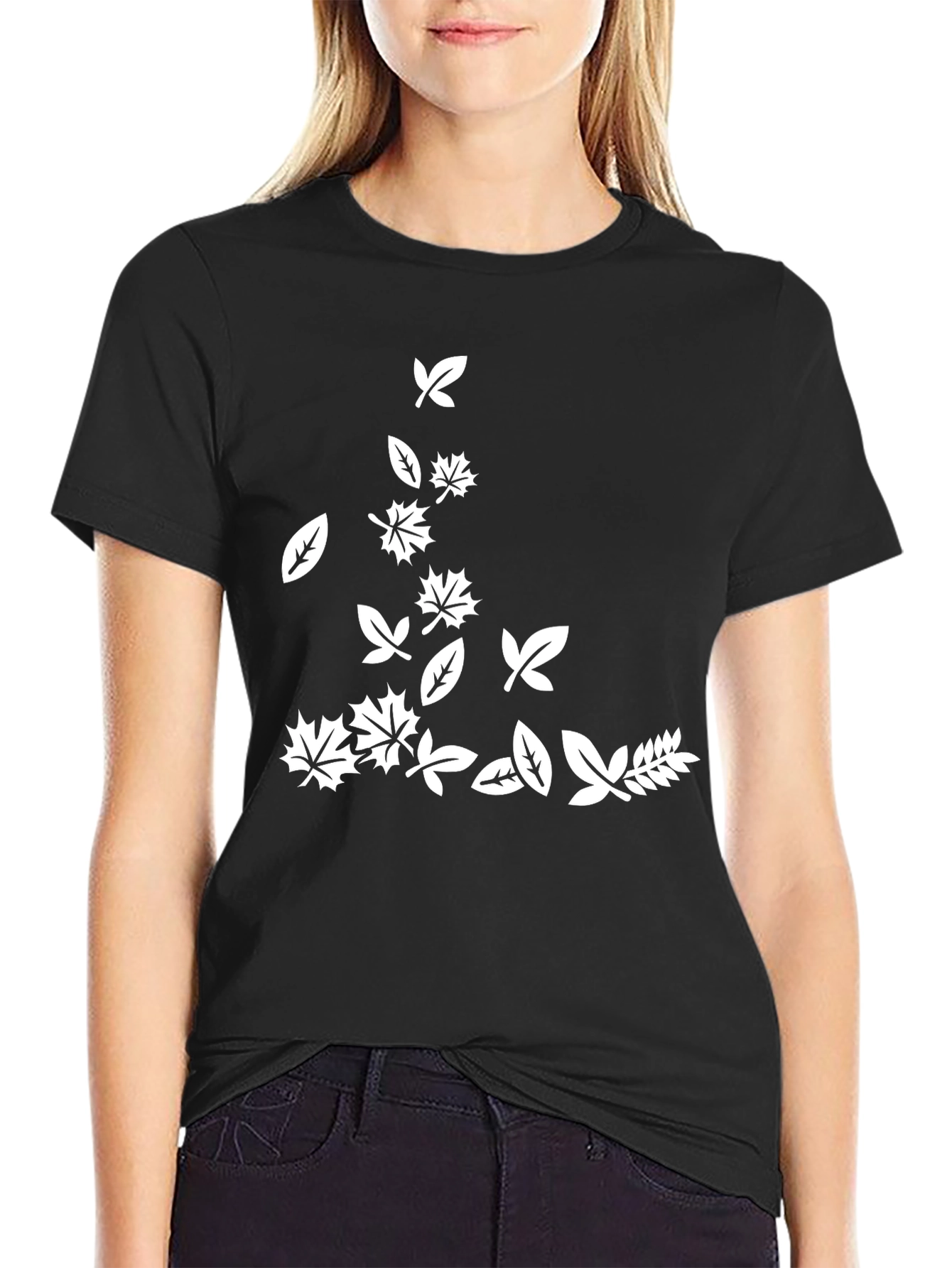 Black Men's Black T-Shirt with Falling Leaves Design view 2