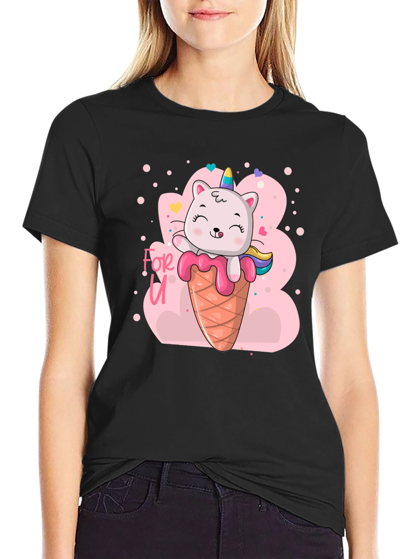 Black Cat Unicorn Ice Cream T-Shirt - Cute Graphic Tee view 2