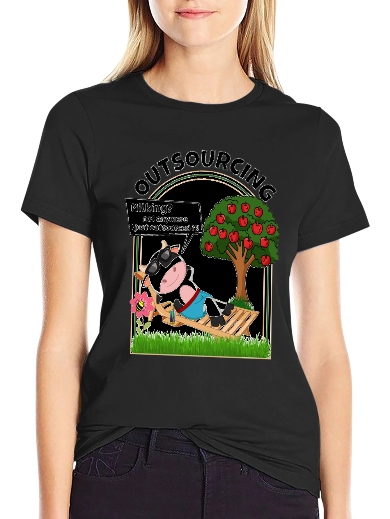 Black Outsourcing Cow T-Shirt Funny Business Humor Tee view 2