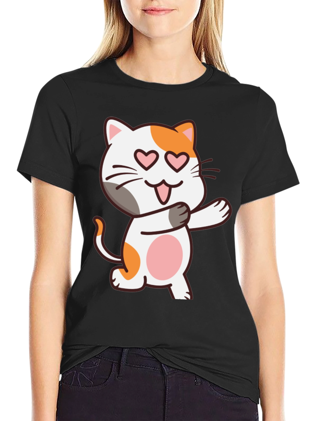 Black Cute Cat Heart Eyes Black T-Shirt view 2