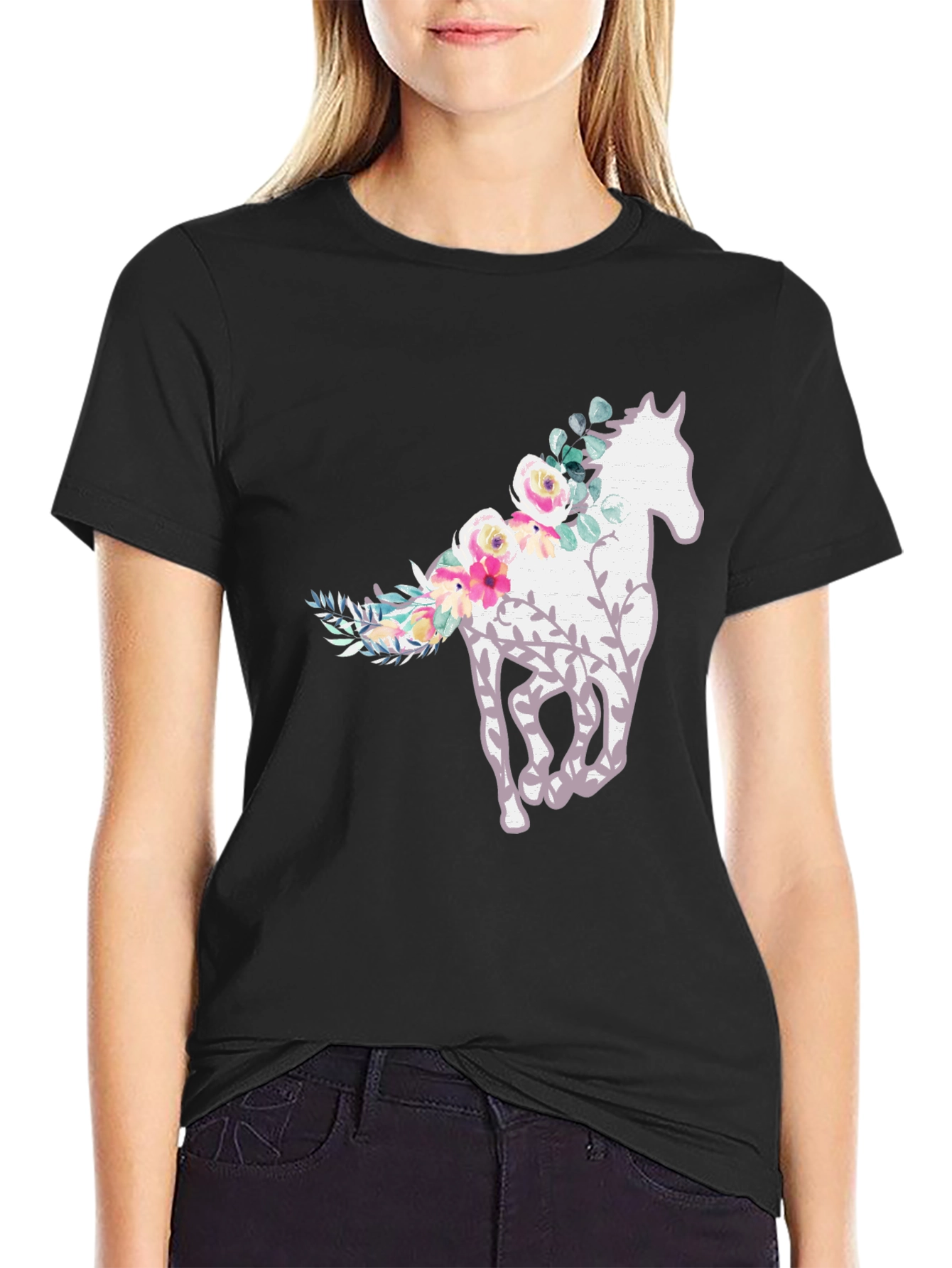 Black Floral Horse Graphic Tee - Stylish Comfort view 2