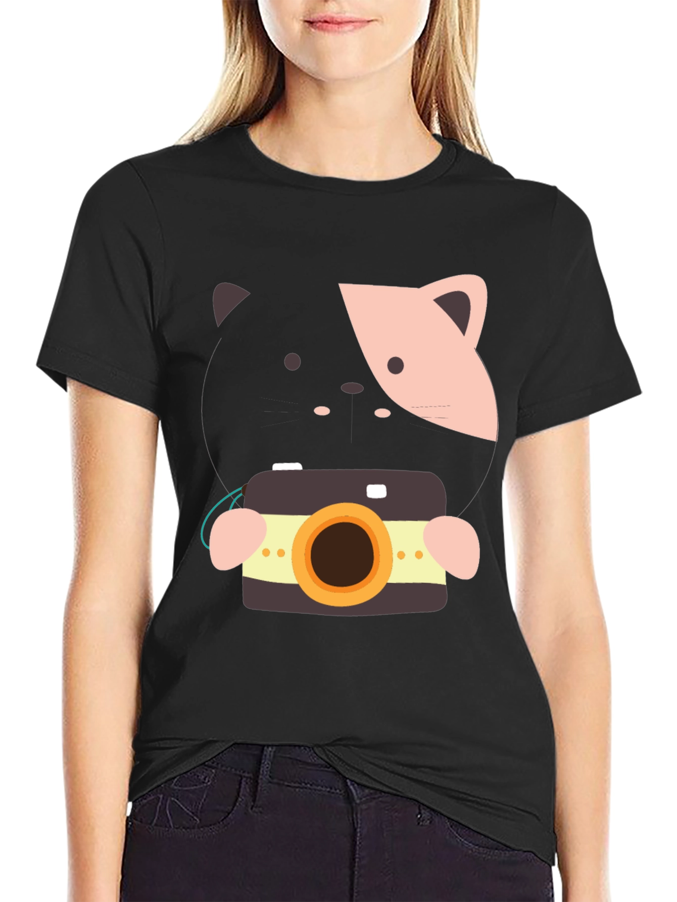 Black Cute Cat with Camera Graphic Tee - Soft Cotton Blend view 2