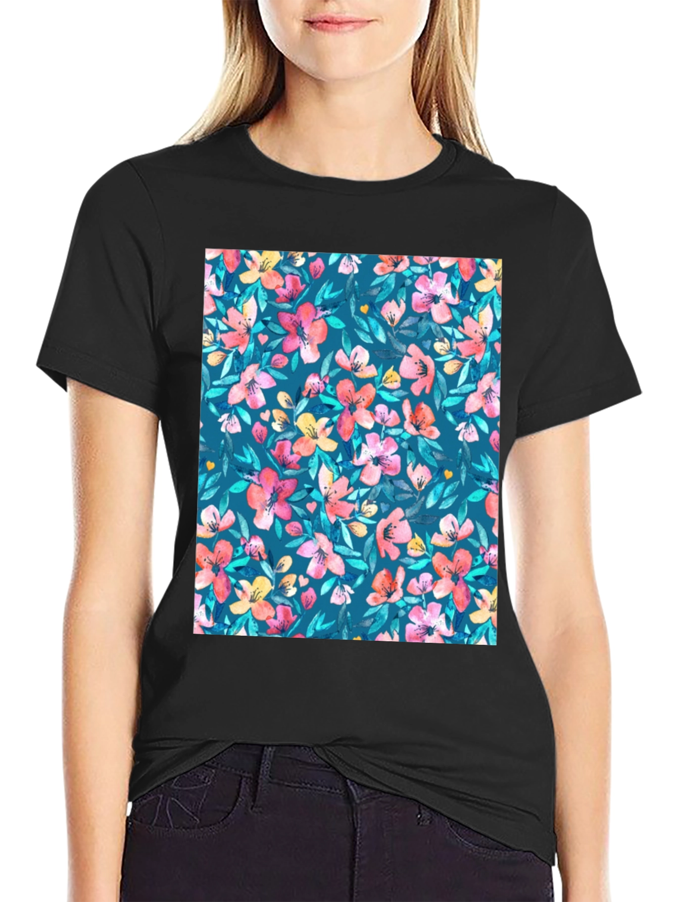 Black Floral Pattern T-Shirt: Vibrant & Stylish Casual Wear view 2