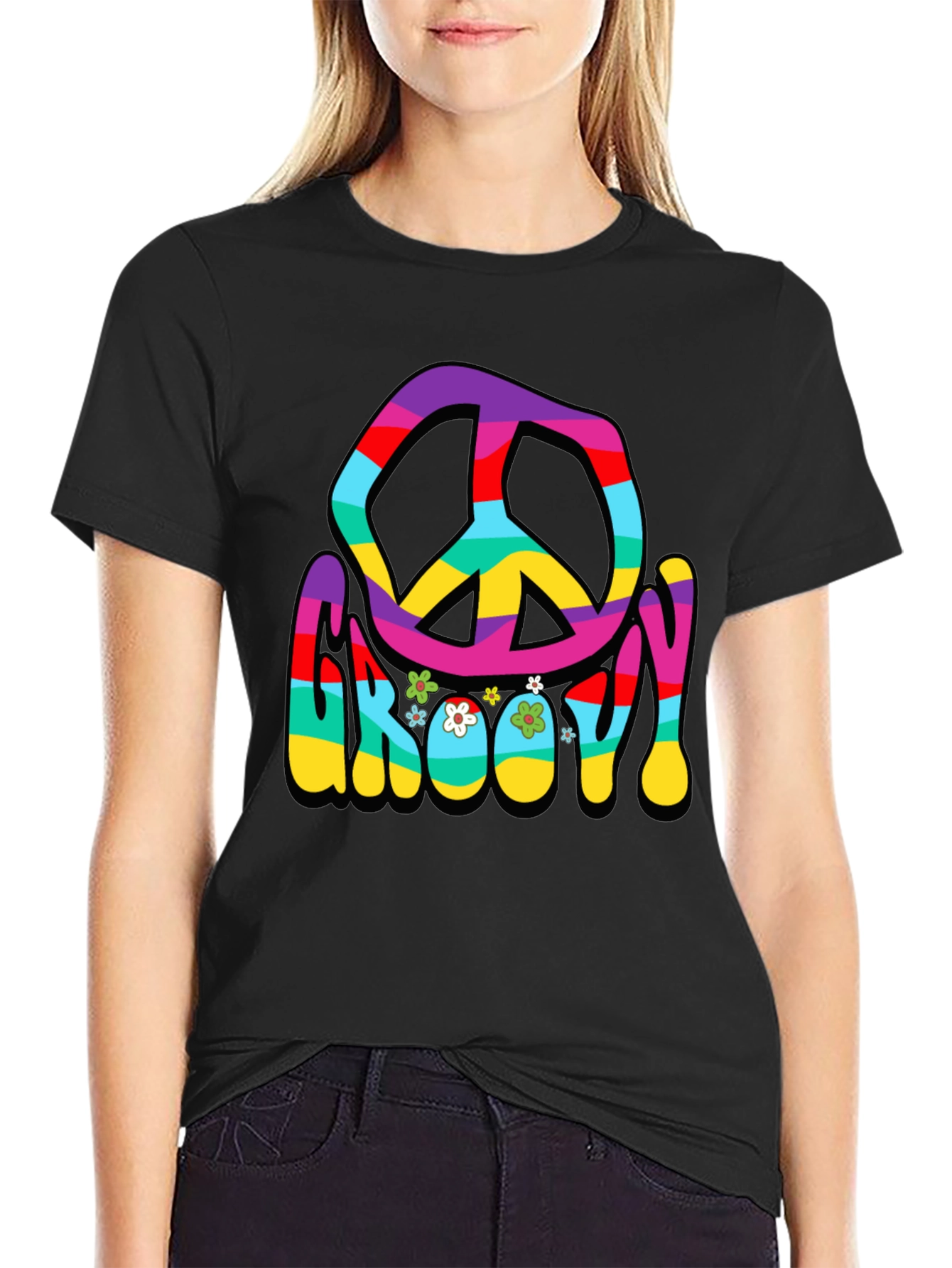 Black Groovy Peace Sign Graphic T-Shirt view 2