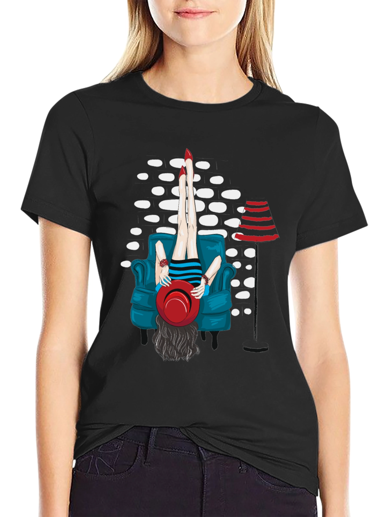 Black Whimsical Woman on Couch Graphic Tee - Novelty T-Shirt view 2