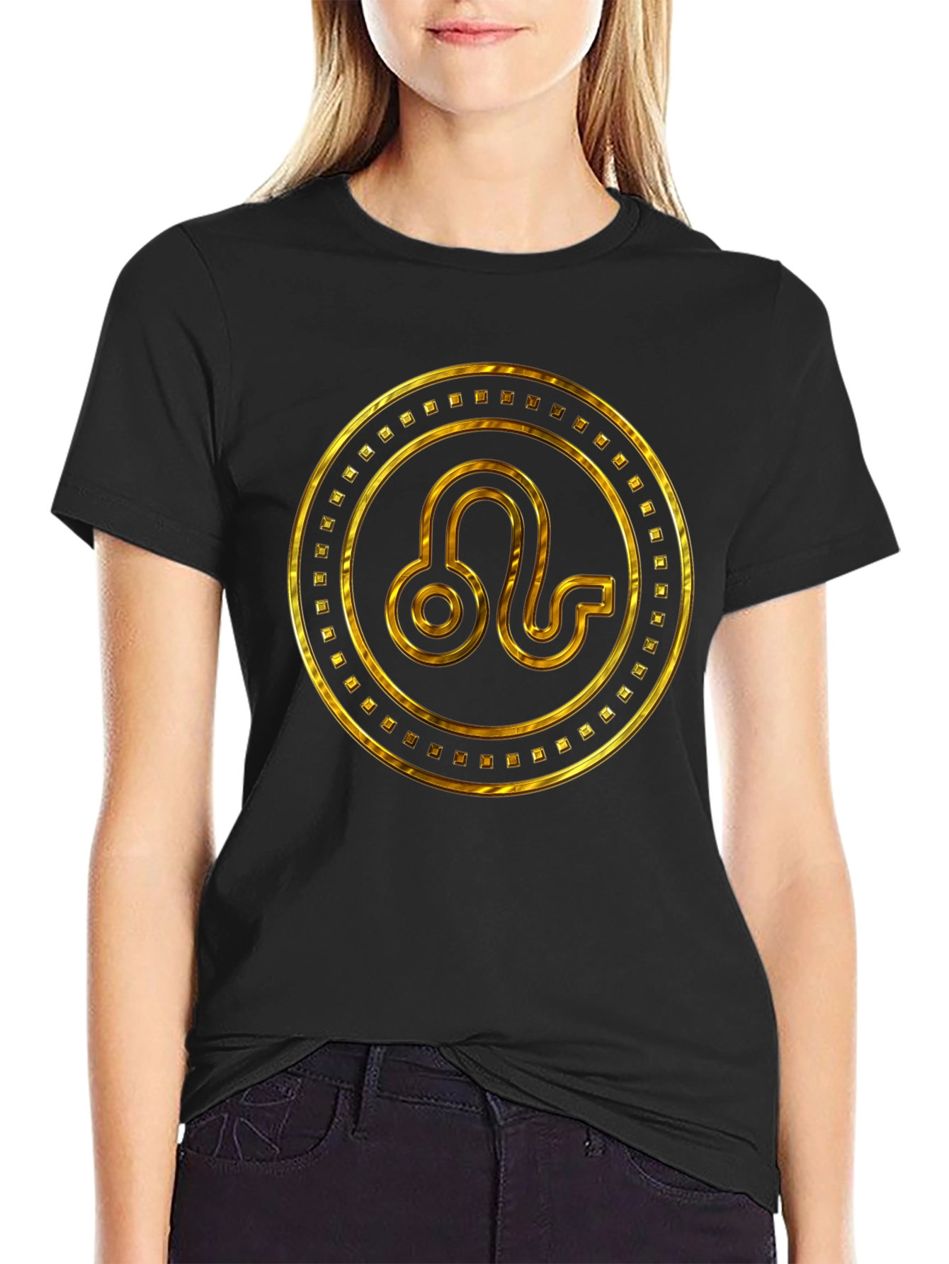 Black Gold Leo Zodiac Sign Black T-Shirt view 2