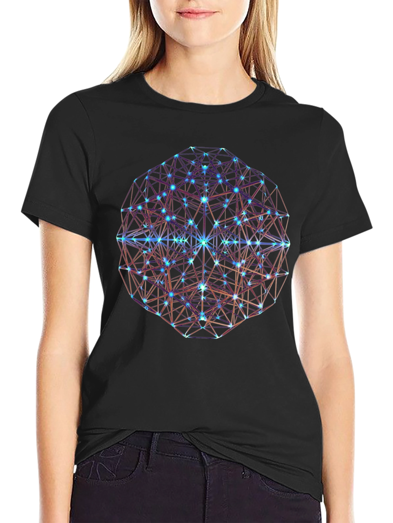 Black Geometric Sphere Graphic Print Black T-Shirt view 2