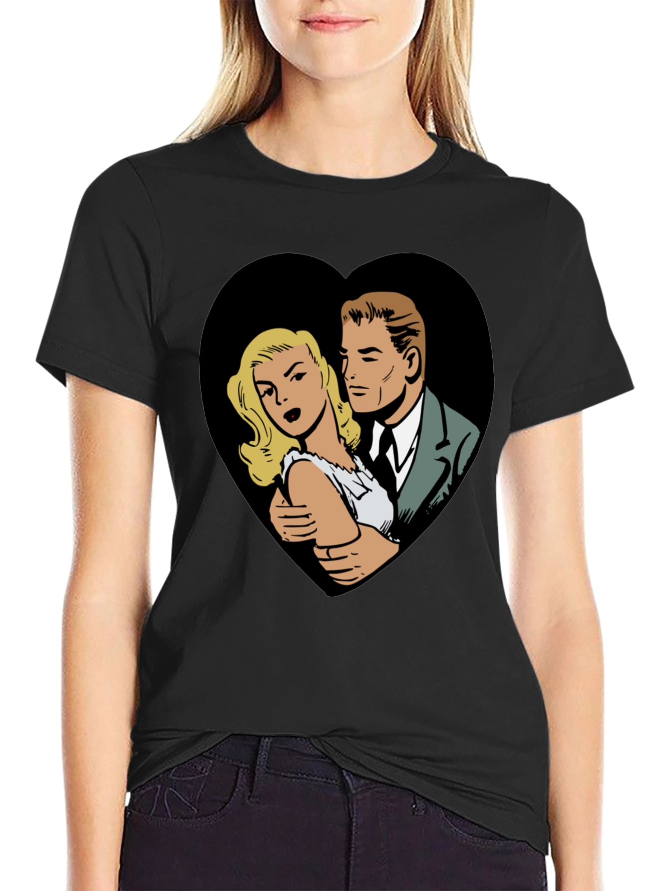 Black Retro Comic Couple Heart Graphic T-Shirt - Black view 2