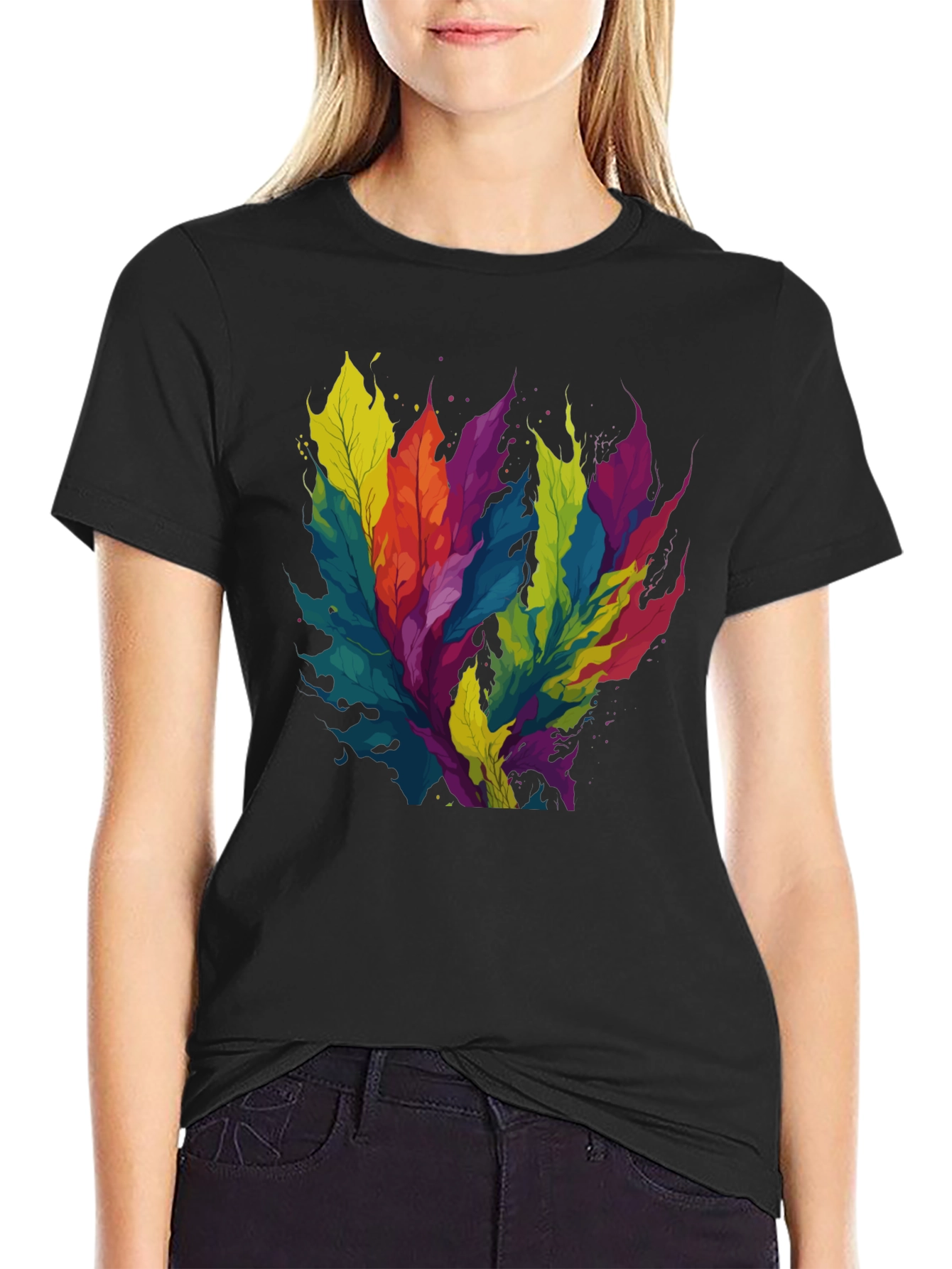Black Colorful Leaf Design Black T-Shirt view 2