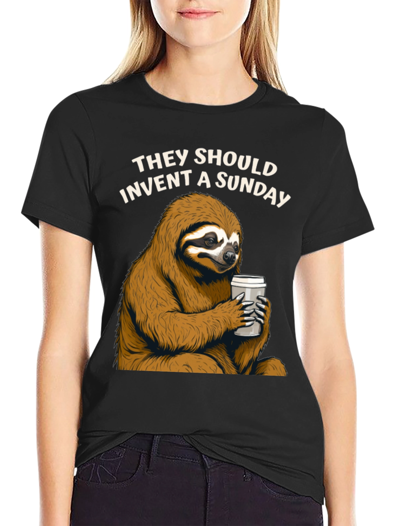 Black Lazy Sunday Sloth Coffee T-Shirt view 2