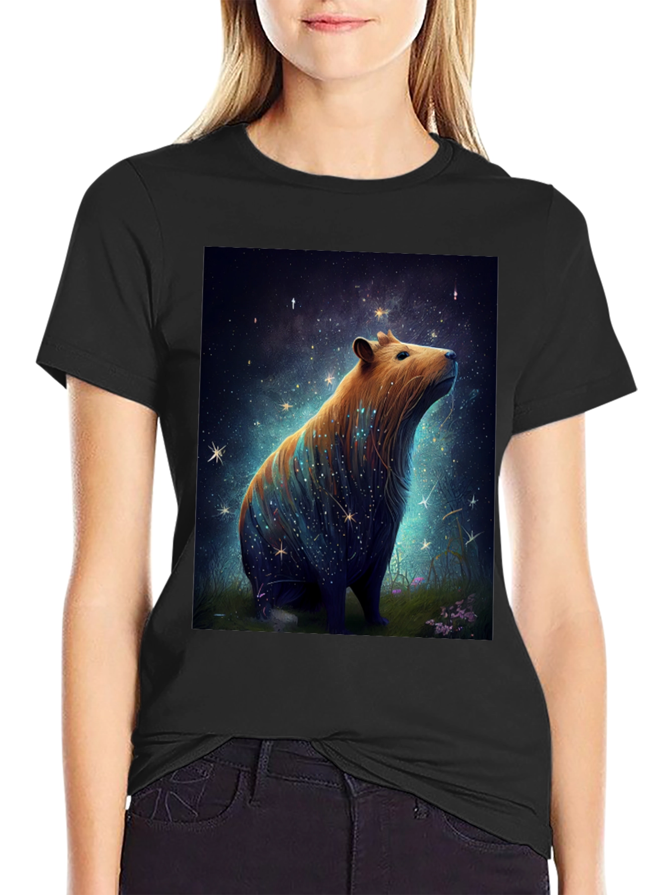 Black Starry Capybara Graphic Tee - Unisex Black T-Shirt view 2