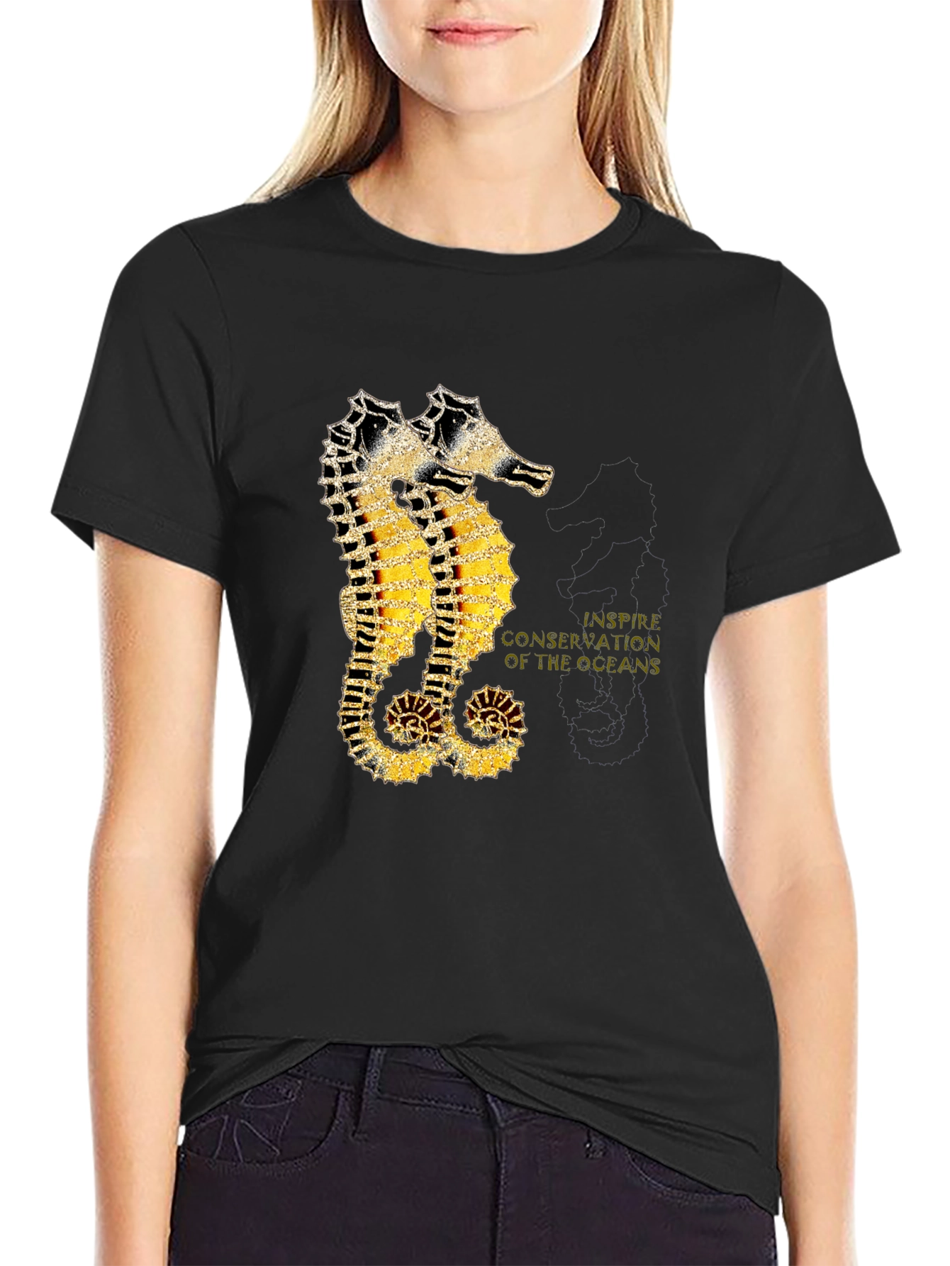 Black Seahorse Inspire Oceans Conservation Black T-Shirt view 2