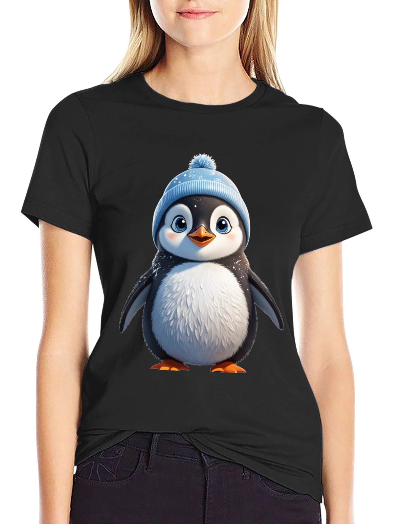 Black Cute Penguin Graphic Tee - Black Cotton Blend view 2