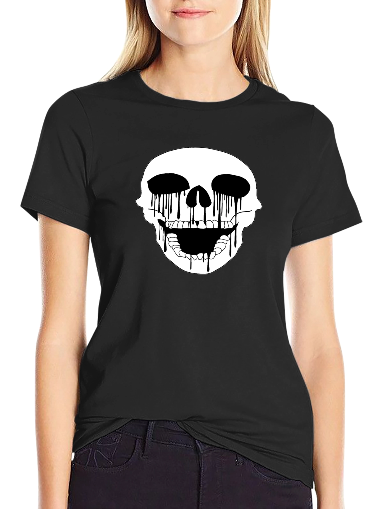 Black Skull Drip Graphic Tee - Edgy Black T-Shirt view 2