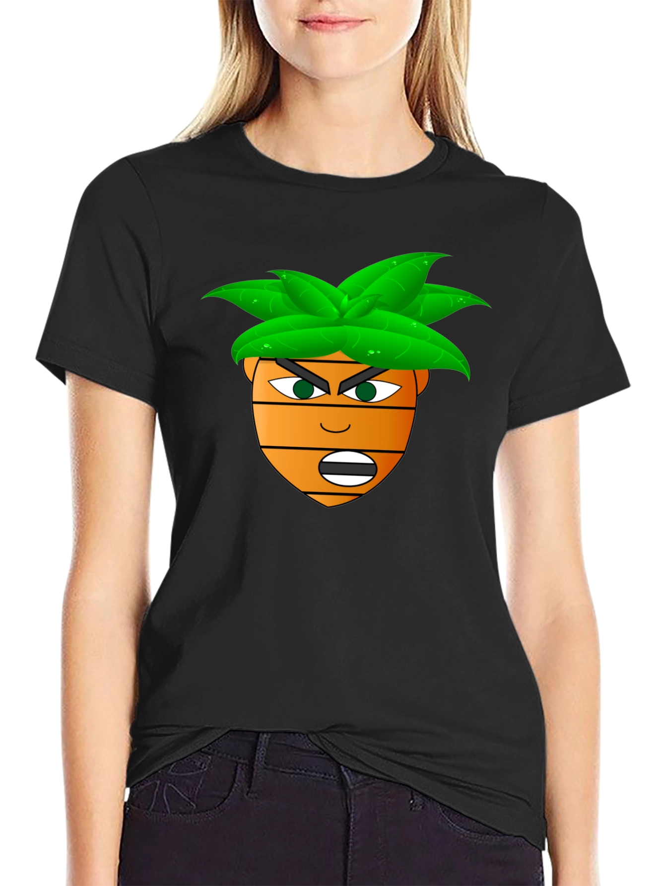 Black Funny Cartoon Carrot Head T-Shirt - Black view 2