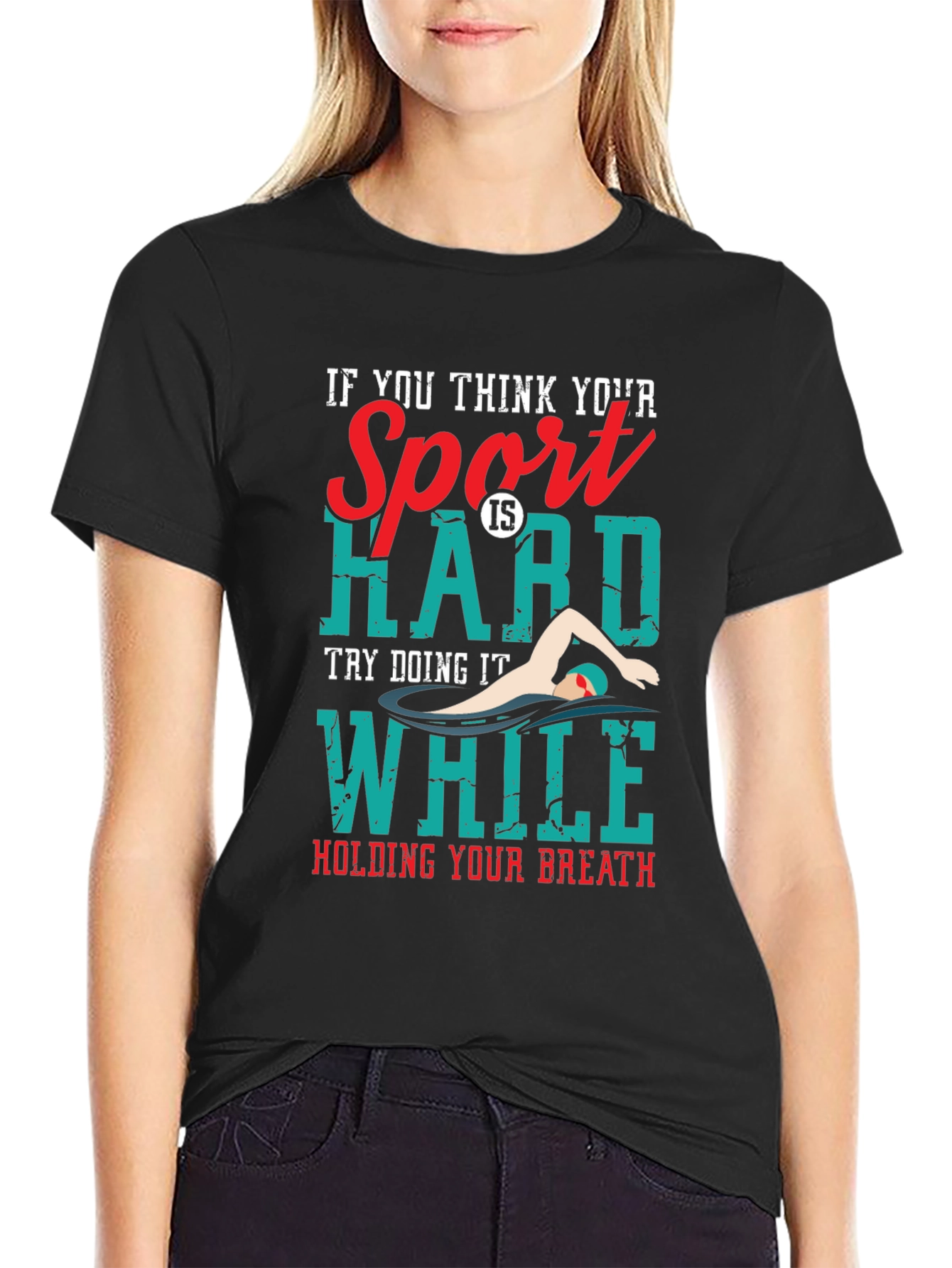 Black Funny Swimmer T-Shirt: Hard Sport, Hold Your Breath view 2