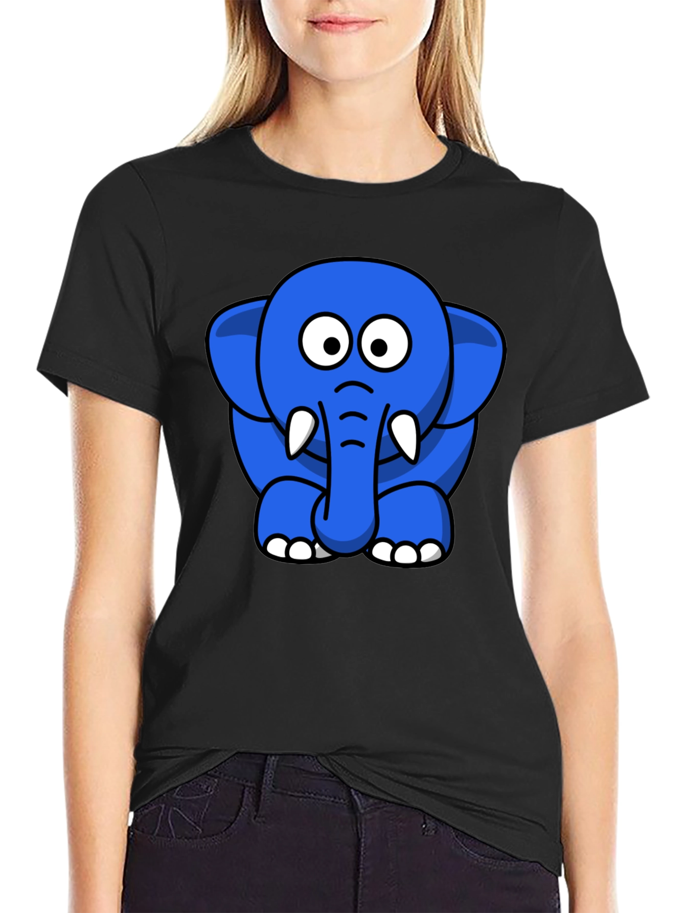 Black Cute Blue Cartoon Elephant Black T-Shirt view 2