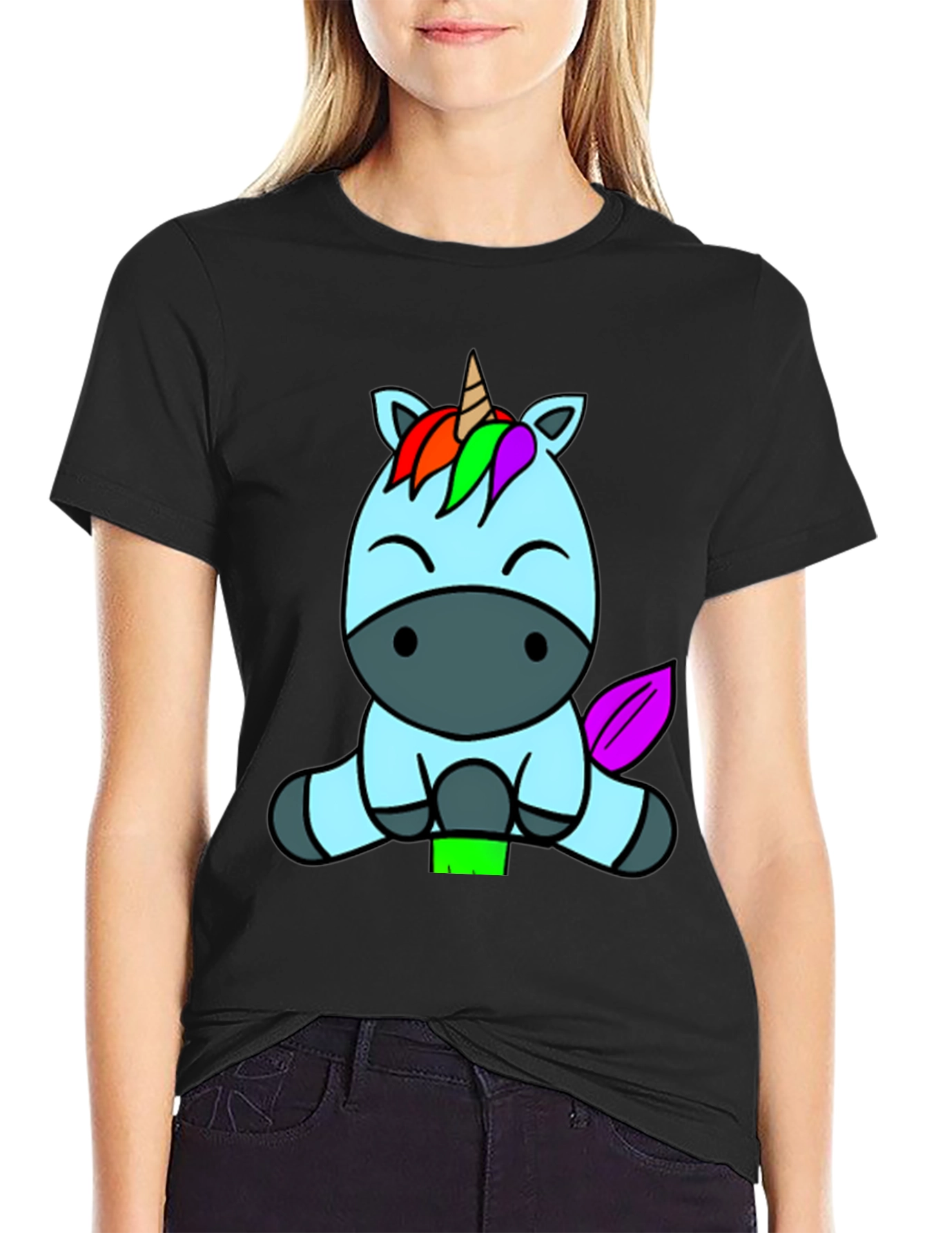 Black Cute Unicorn Graphic Tee - Black Cotton Blend Shirt view 2