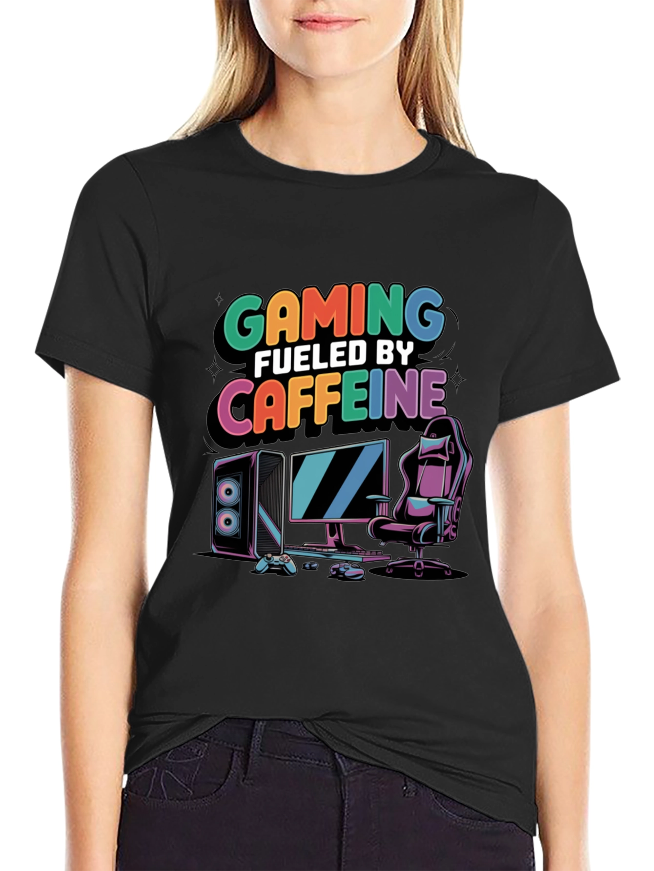 Black Gaming Fueled by Caffeine Black T-Shirt view 2
