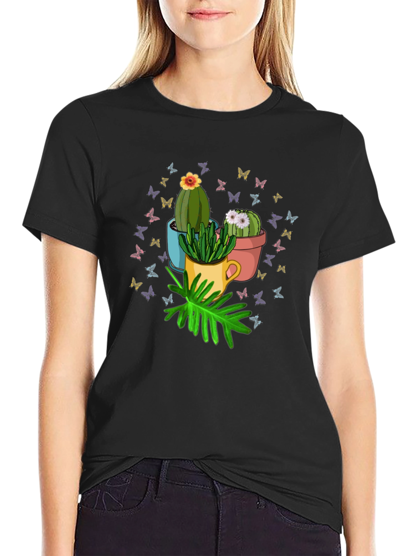 Black Cactus & Butterfly Graphic T-Shirt - Nature Lover Tee view 2