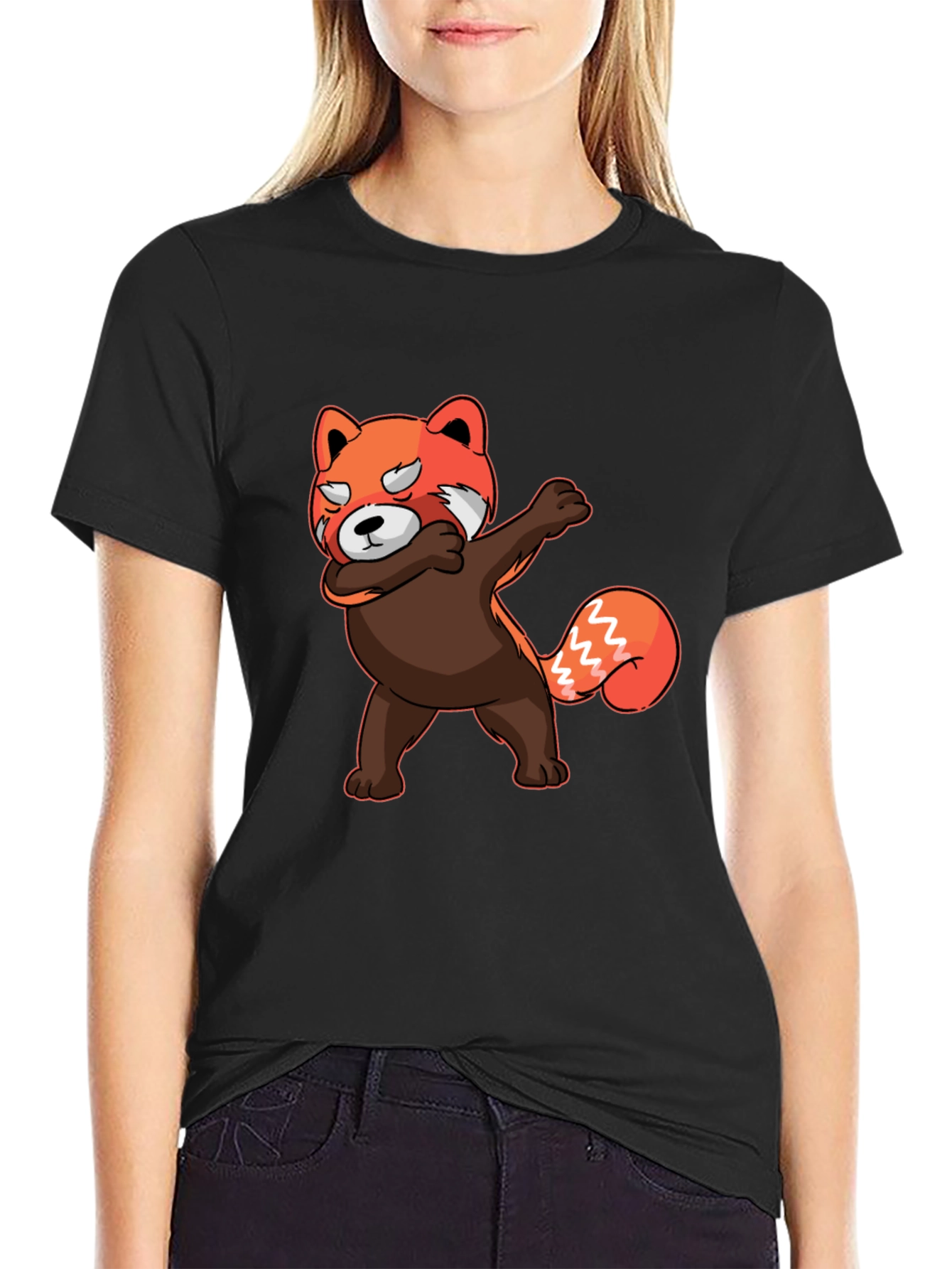 Black Dabbing Red Panda T-Shirt - Unique Graphic Tee view 2