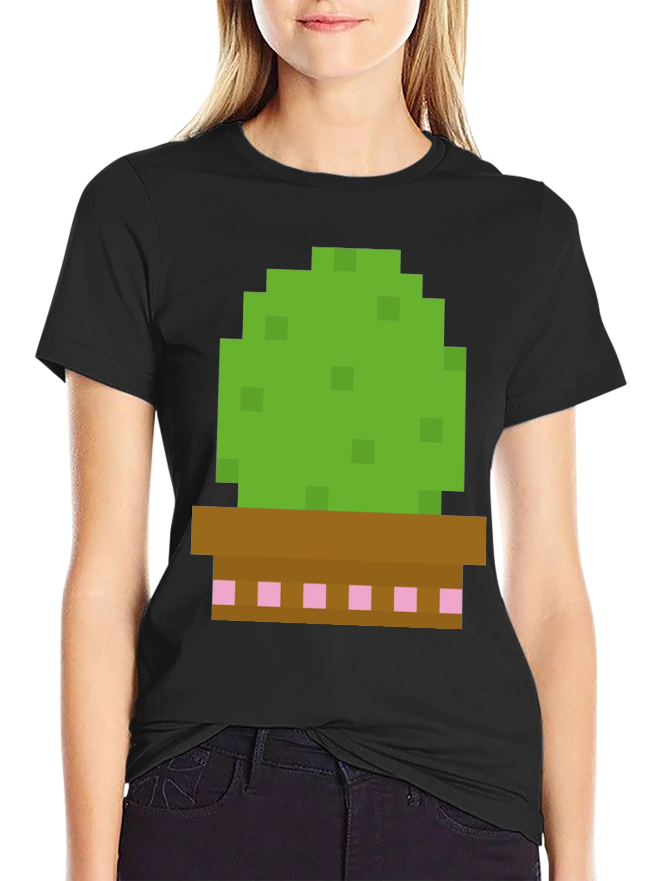 Black Pixel Cactus Graphic Tee - Gamer Style Shirt view 2