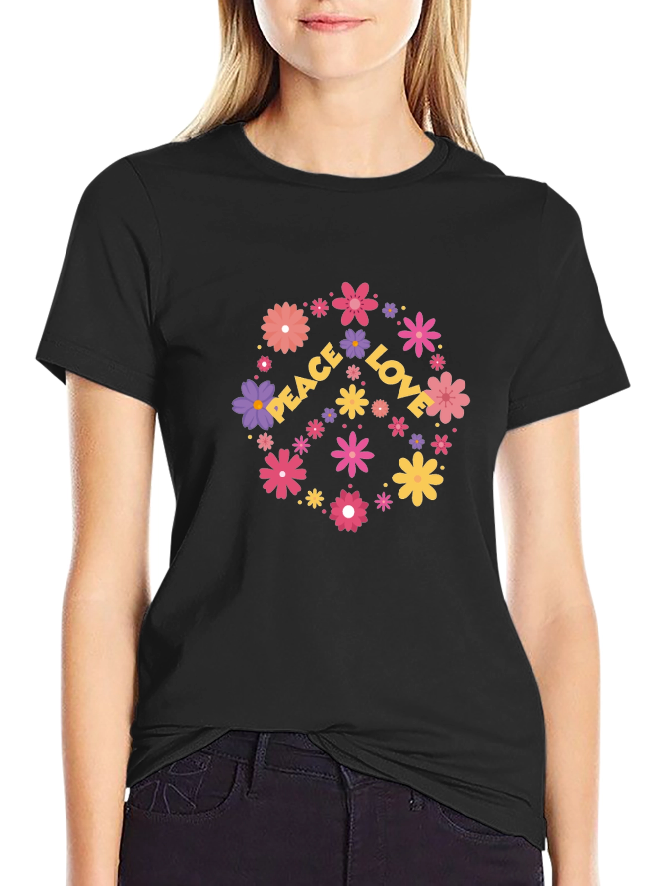 Black Peace Love Flower Graphic T-Shirt view 2