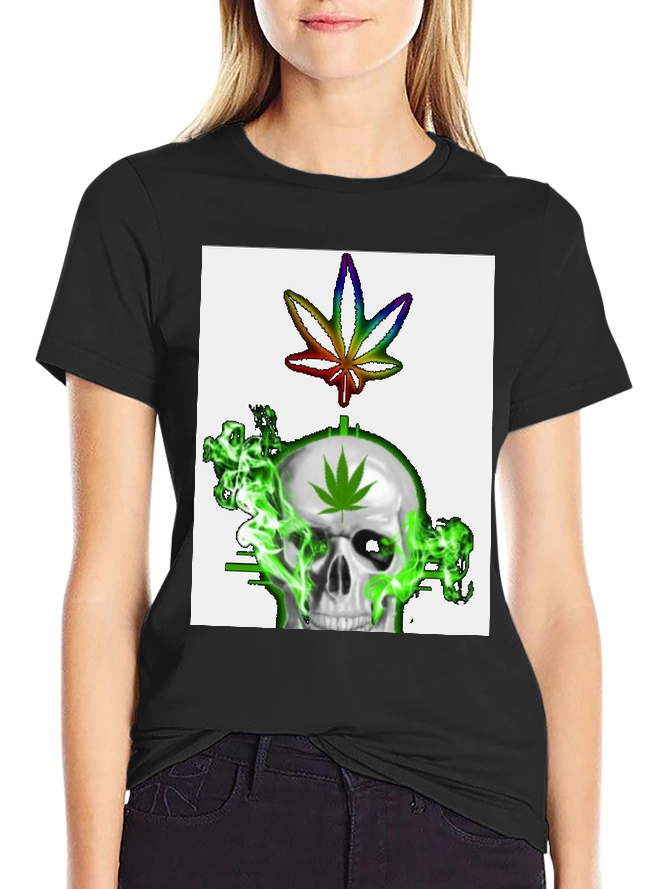 Black Skull & Weed Leaf Graphic T-Shirt view 2