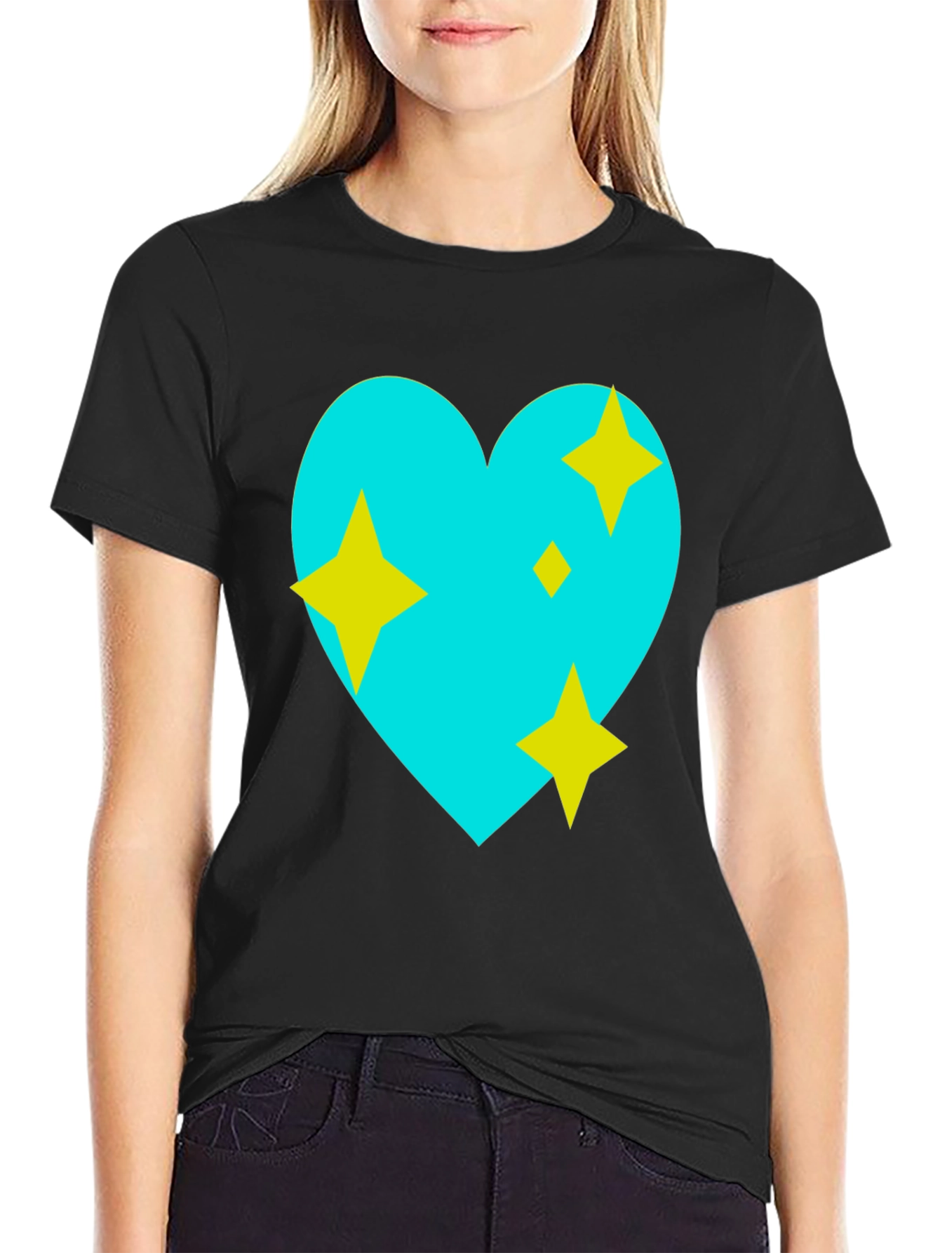 Black Sparkling Heart Graphic Tee - Black Cotton Blend view 2