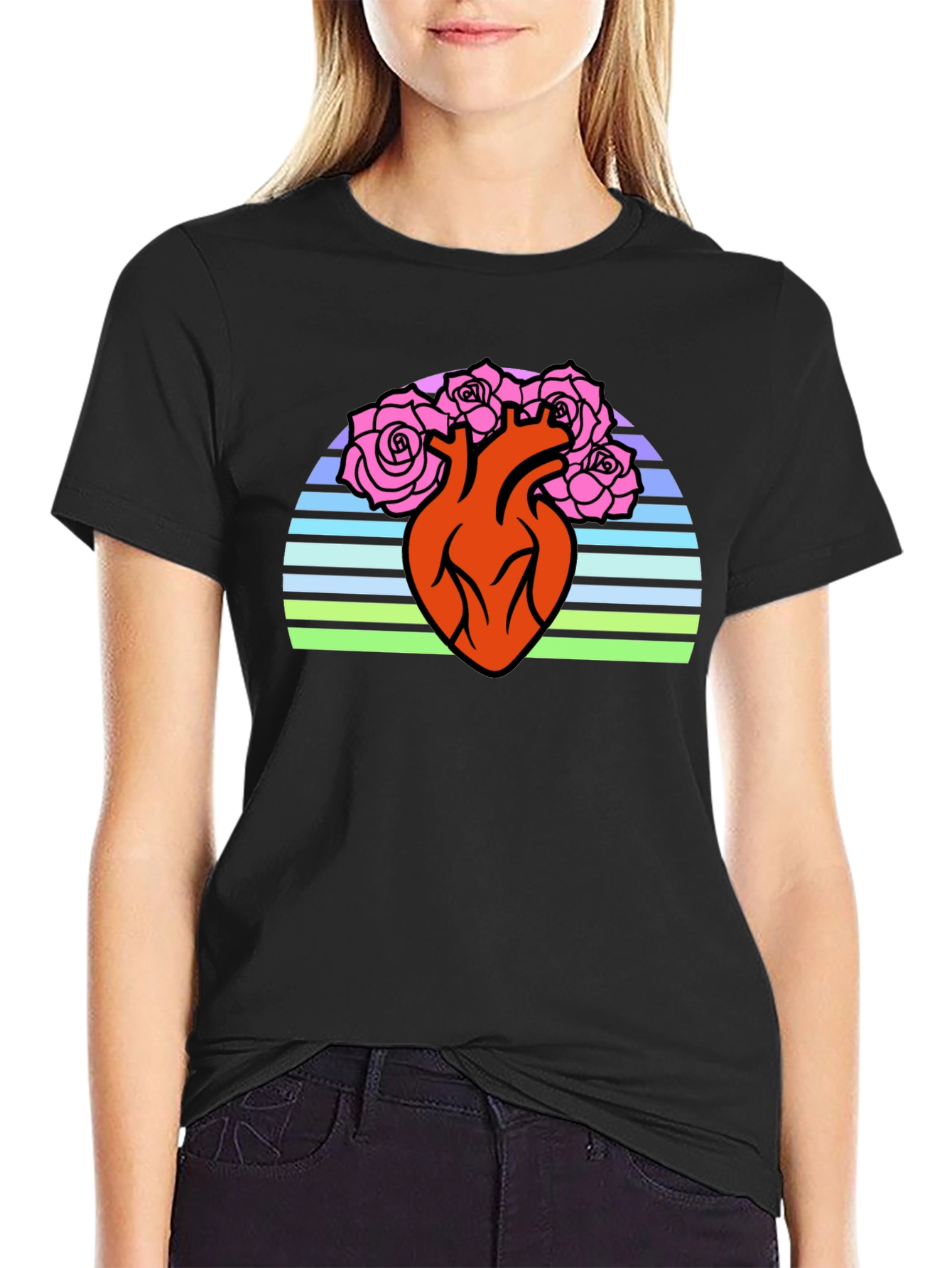 Black Anatomical Heart & Roses Graphic T-Shirt - Black view 2