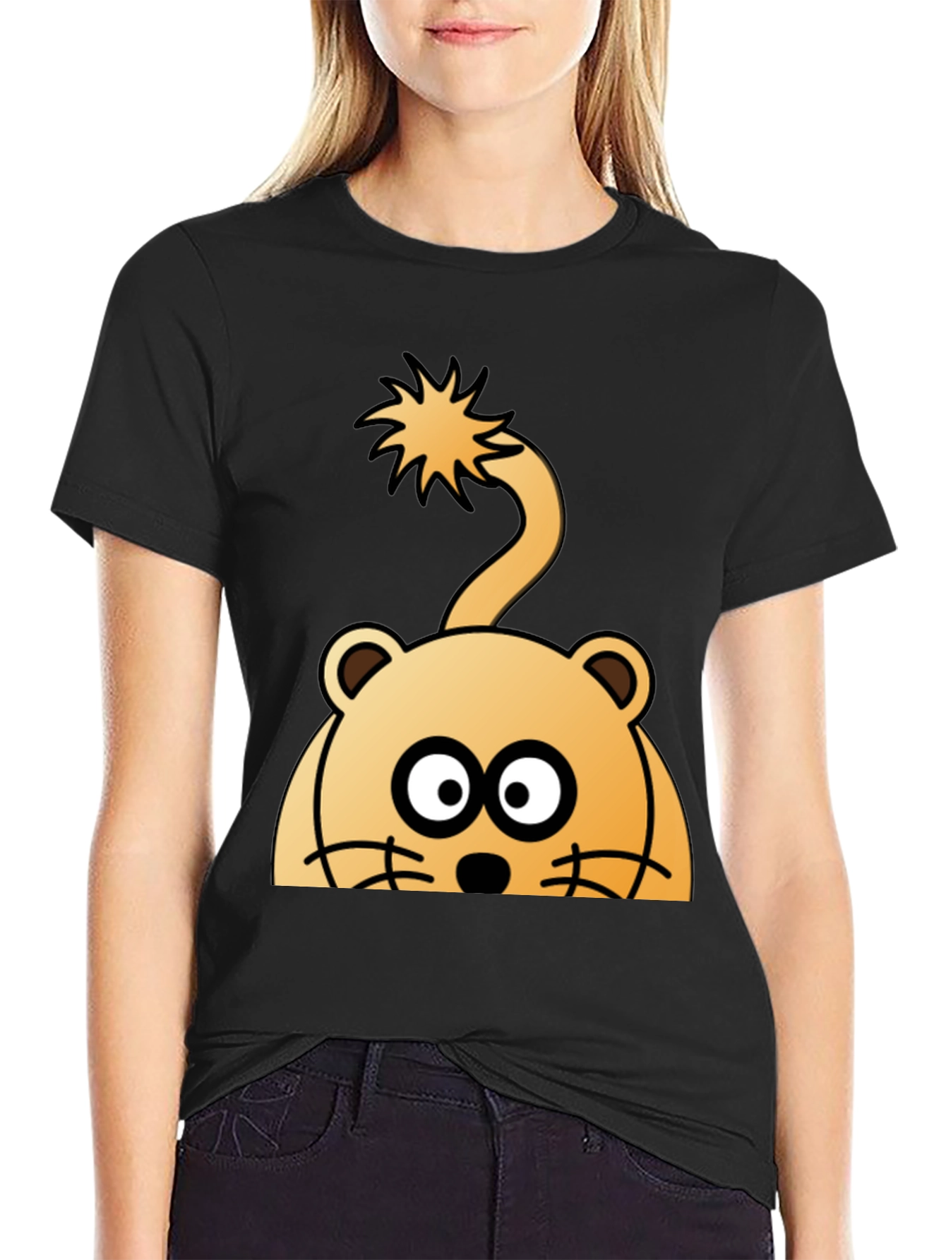 Cartoon Lion Peek-a-boo Black T-Shirt - 2