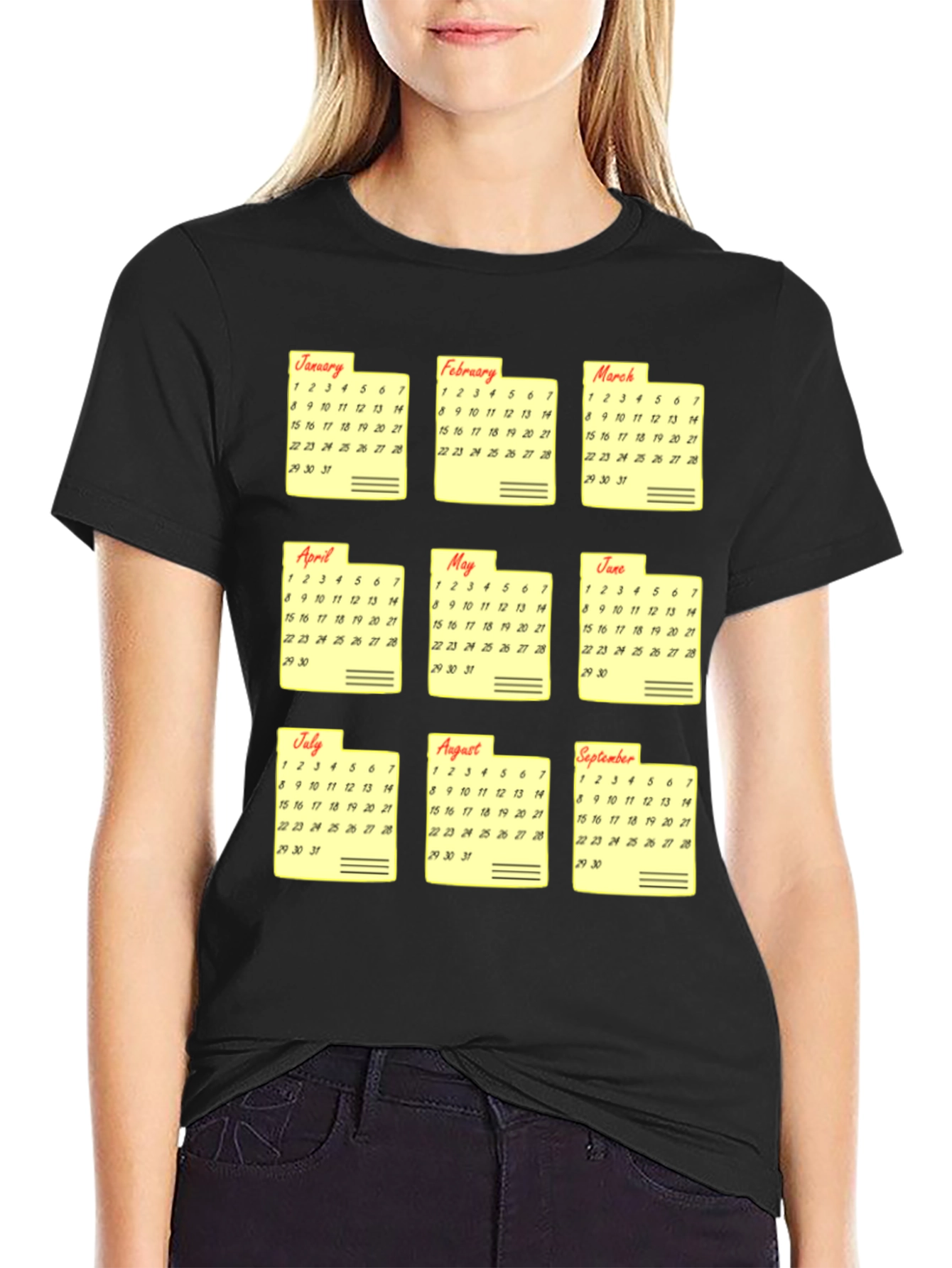 Black Calendar Months Graphic Print T-Shirt view 2