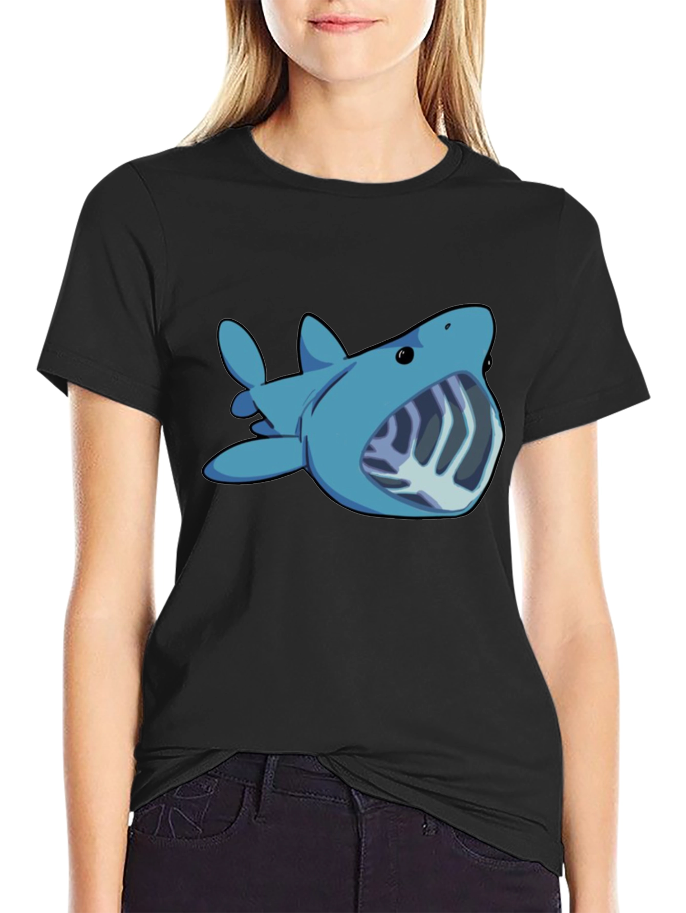 Black Cartoon Shark Graphic Tee - Black Unisex T-Shirt view 2