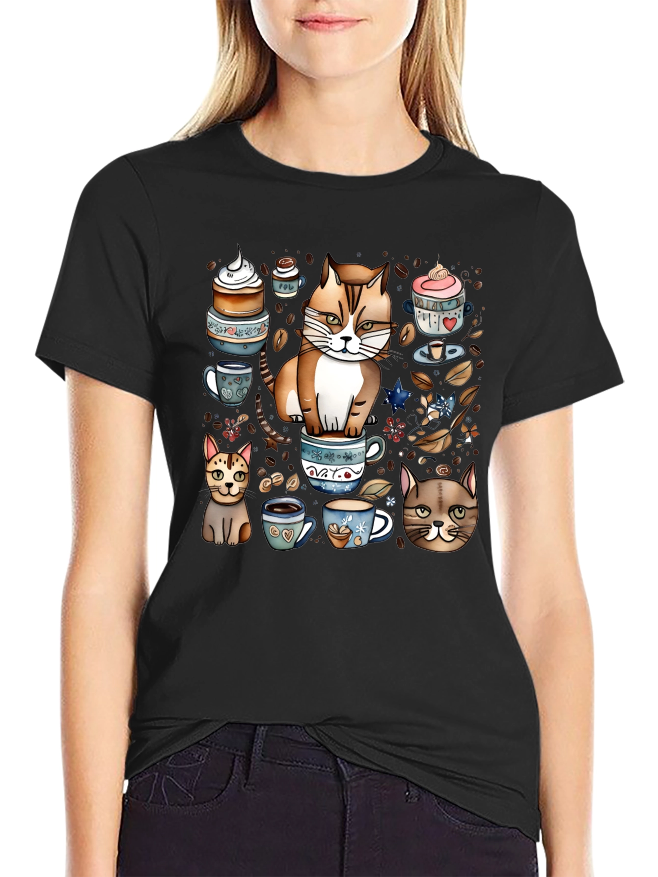 Black Cat & Coffee Lover T-Shirt - Cute Cartoon Design view 2