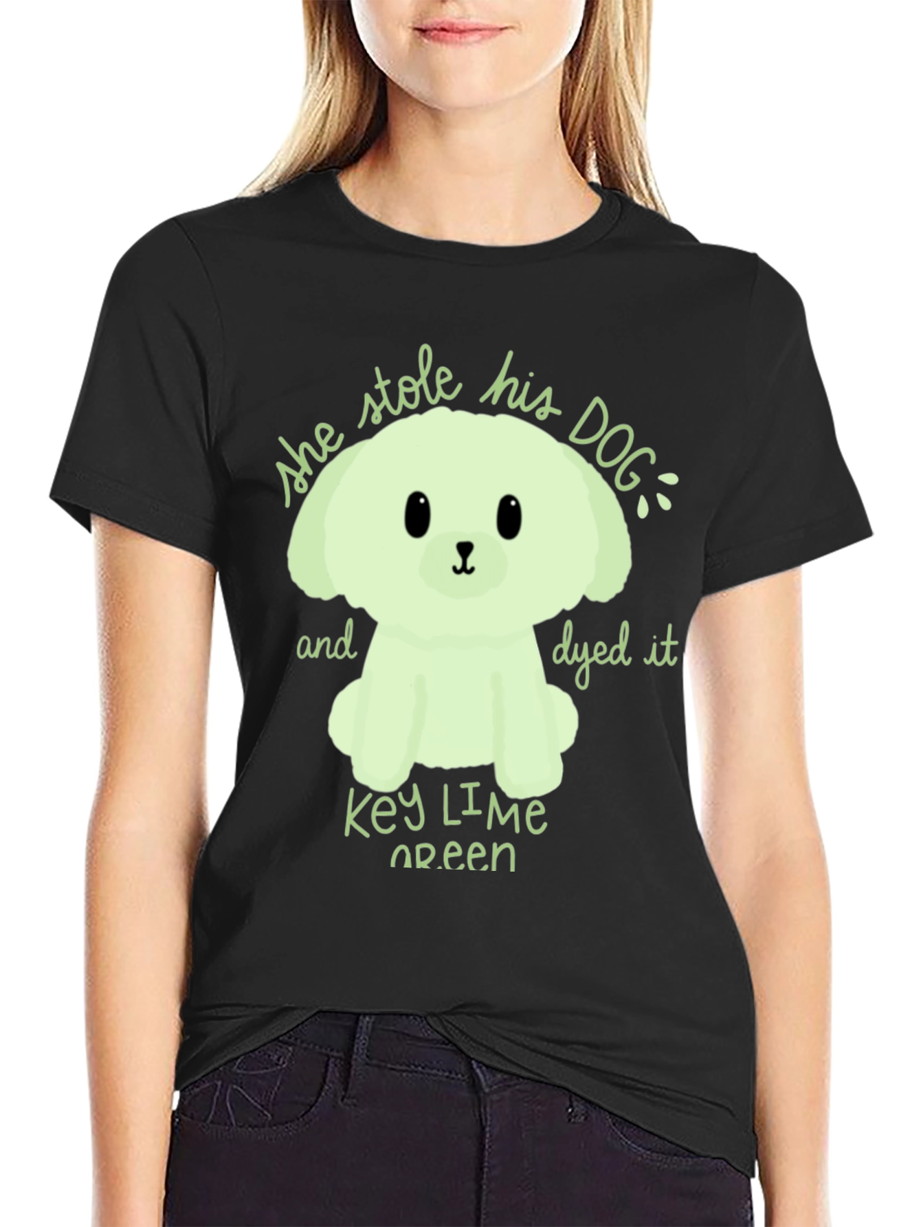 Black Key Lime Green Dog T-Shirt - 'She Stole His Dog' Graphic Tee view 2
