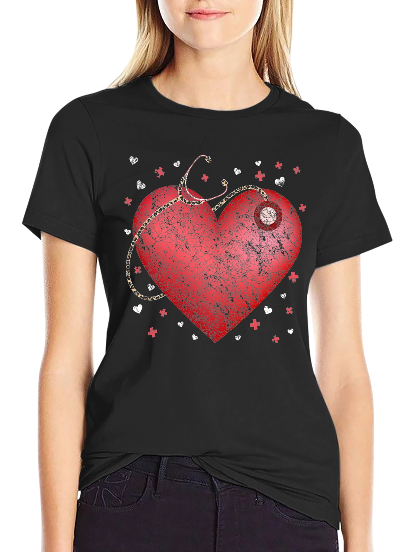Black Heart Stethoscope Black T-Shirt Nurse Doctor view 2